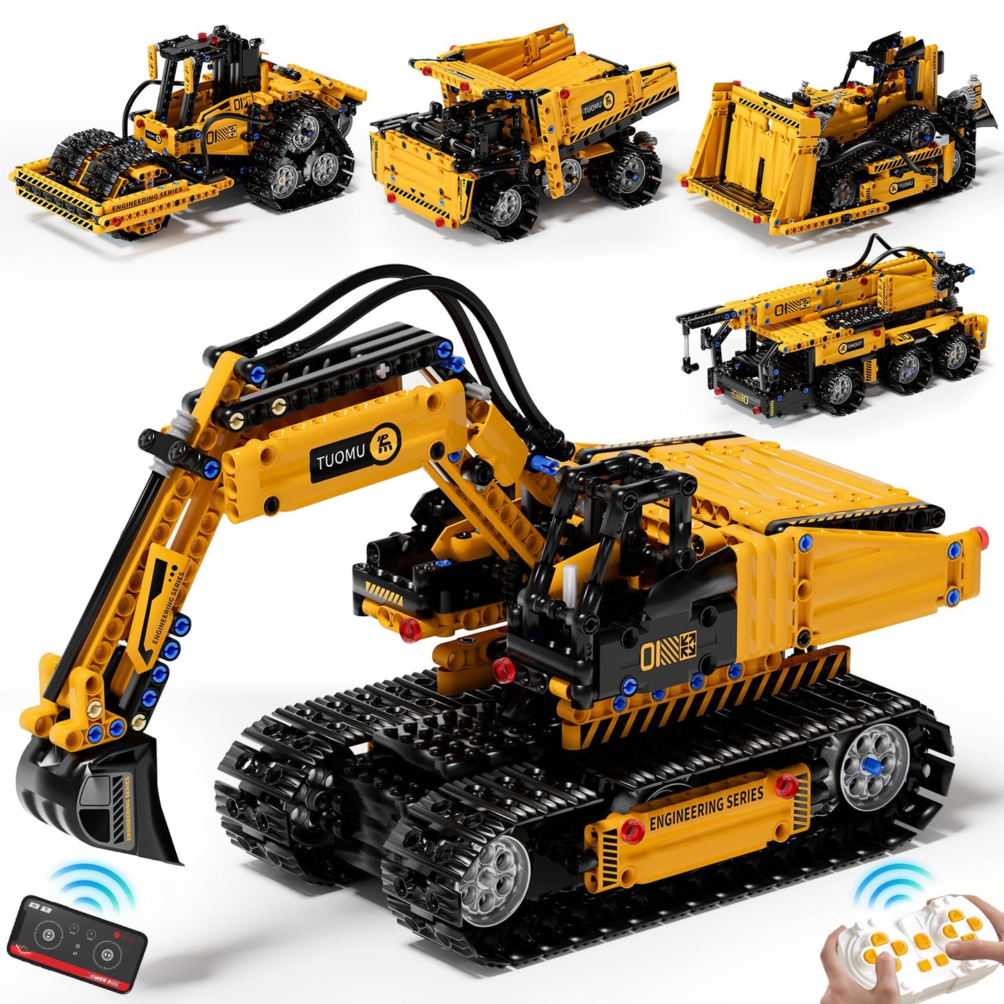 DOLIVE 5 in 1 STEM Building Block Set, App & Remote Control Construction Vehicle Kit, DIY Excavator Crane Truck Bulldozer Roller, Educational Birthday Gift for Kids 8-14 Years Old