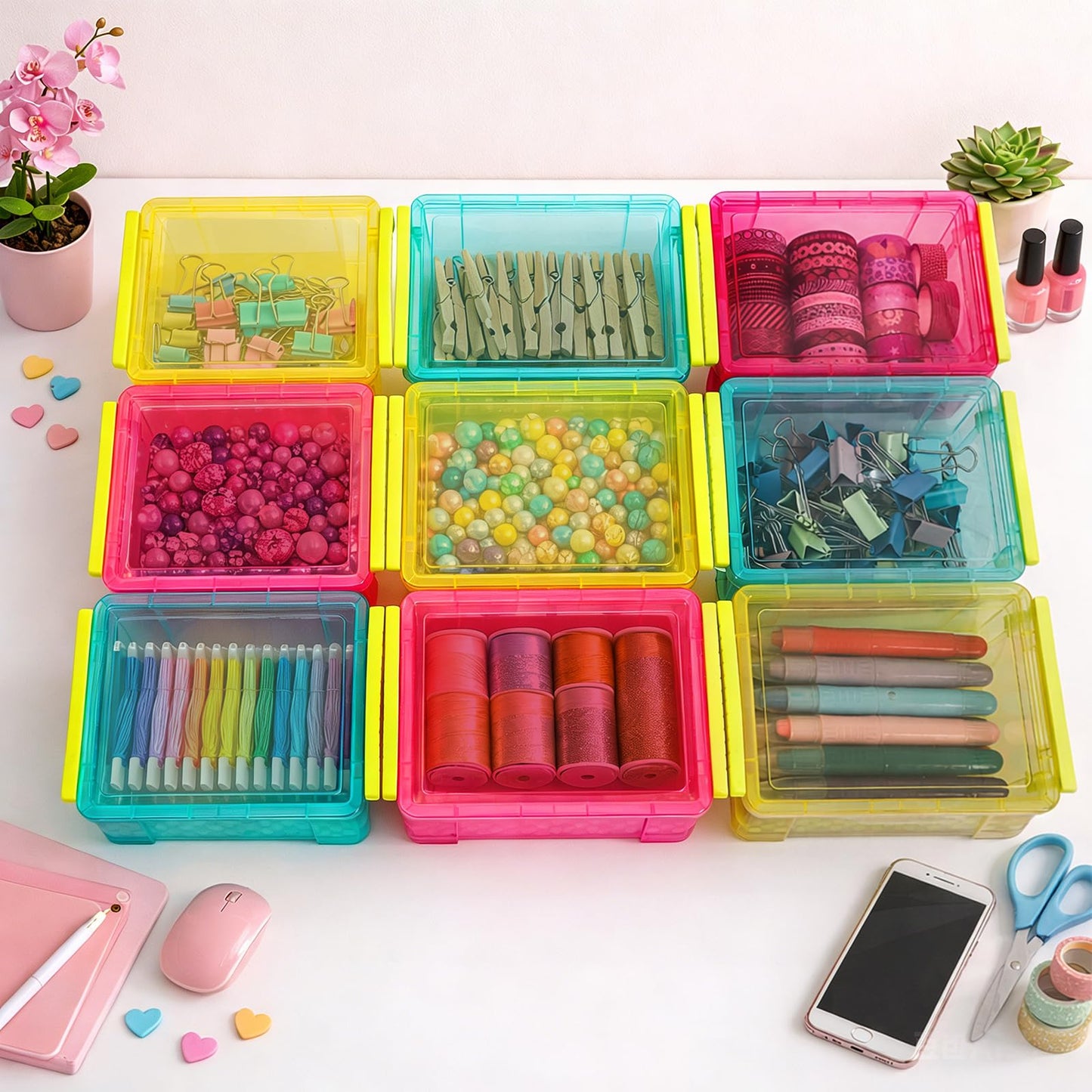 Nicunom 12 Pack Stackable Small Storage Containers with Latching Lids, Clear Plastic Craft Organizer Boxes Bulk for Crayons, Pencils, Art, Craft, Hobby, School Supply, 3 Colors, 5.2x3.9x2.4 Inch