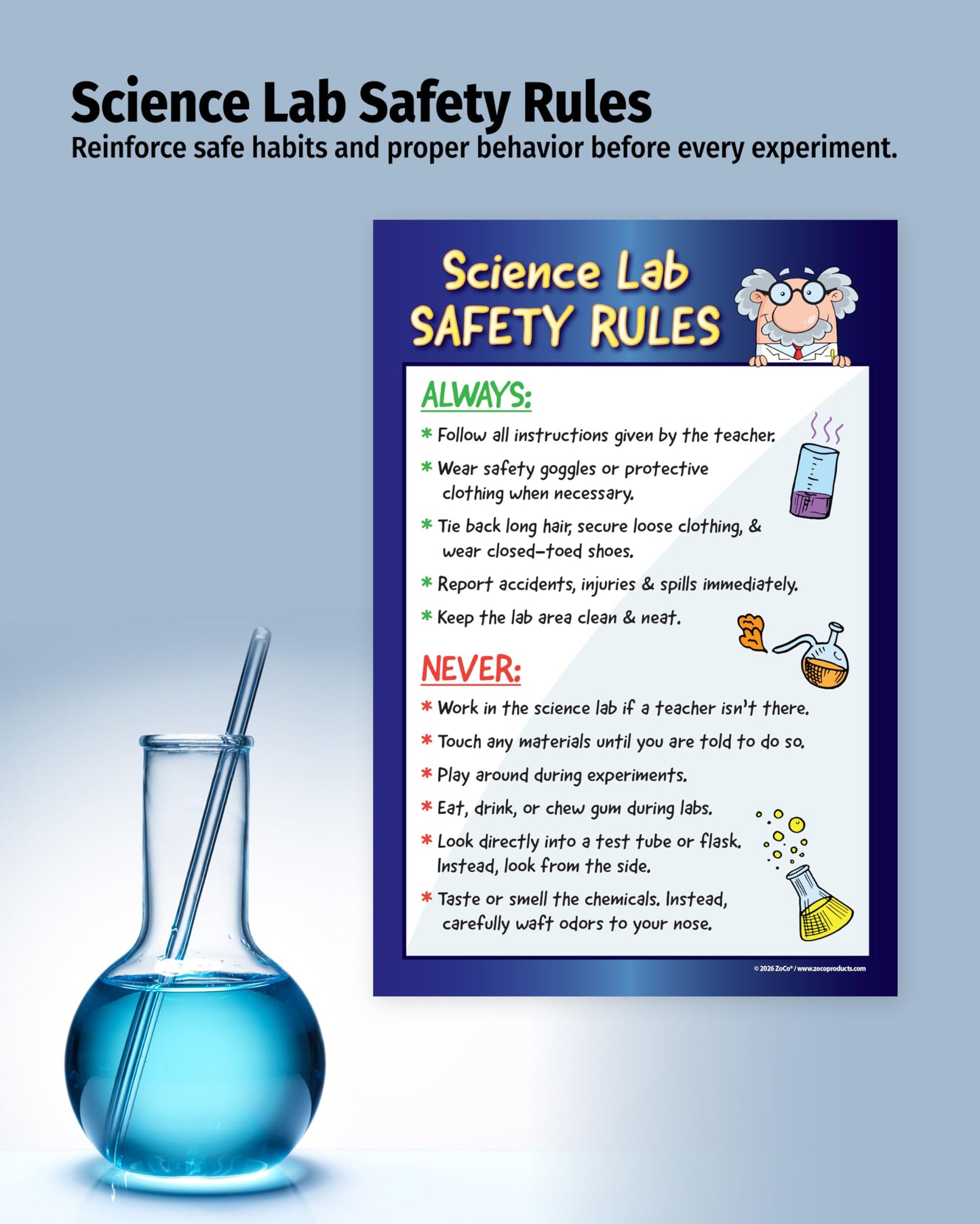ZOCO – Science Lab Safety Rules Poster – Laminated 12x18 Classroom Chart for Middle & High School – Chemistry, Biology, Physics Laboratory Decor for Teachers & Students