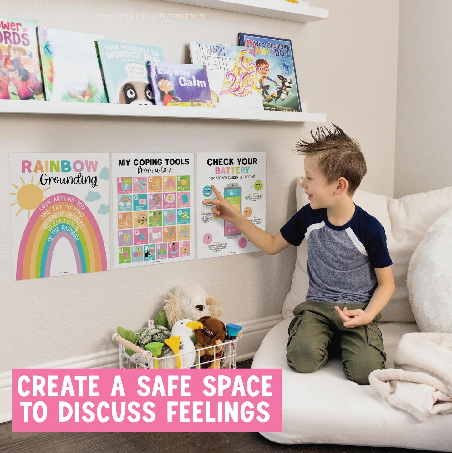 Hadley Designs 9 Calming Corner Posters for Classroom Must Haves - Calm Down Corner Supplies with Emotions Chart, School Counselor Mental Health Poster, Feelings Chart For Kids, Pastel Classroom Decor