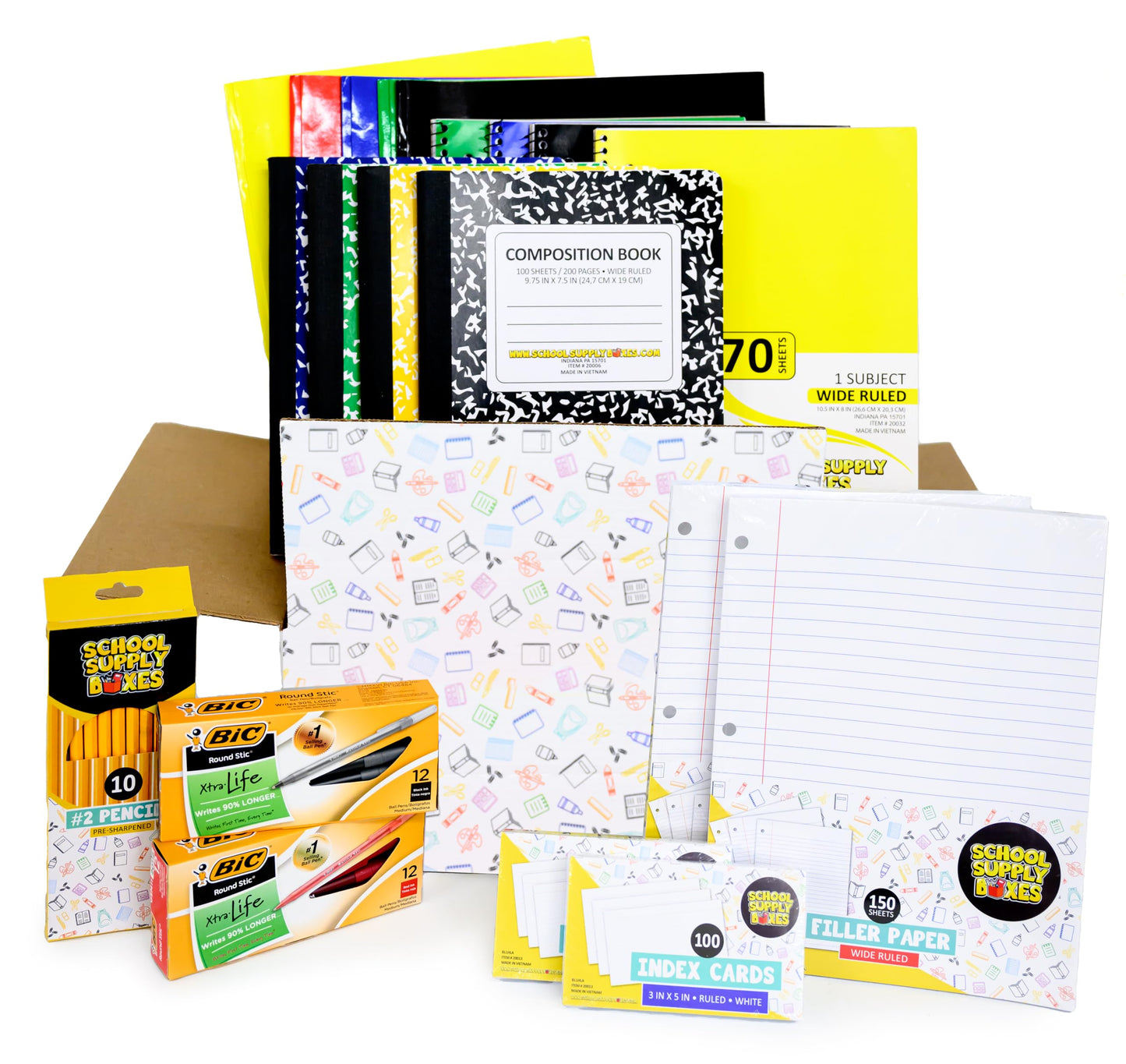 School Supply Boxes | Elementary Writing Bundle (1 Box) | Back to School Essentials Kit for Students & Teachers | Includes Wide-Ruled Filler Paper, Wide-Ruled Notebooks, 12 ct. Pens, & More