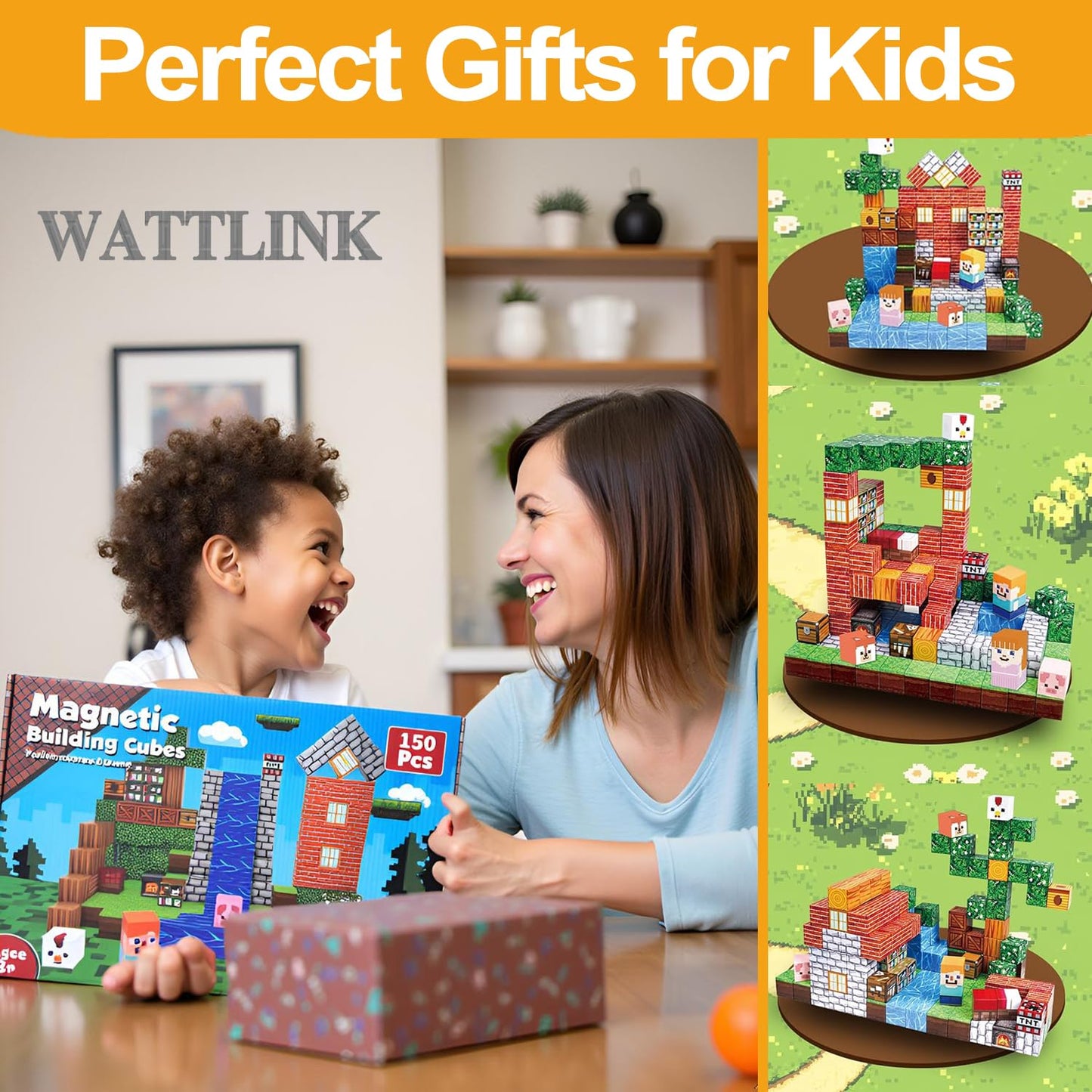 Wattlink Magnetic Building Blocks Set, 150 Pieces Educational Construction Cubes with Magnets, 3D Building Toys for Ages 3+, Compatible with Multiple Themes