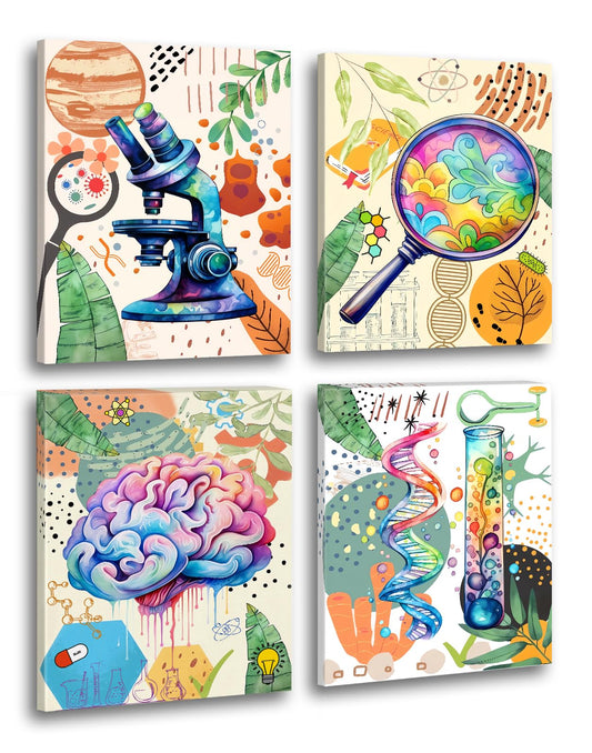 Framed Science Canvas Wall Art Prints,Microbiology Chemistry Wall Art,Science Exploration Art Poster,Boho Watercolor Prints for School Laboratory Classroom Library Decor 4 Set(8"x10")