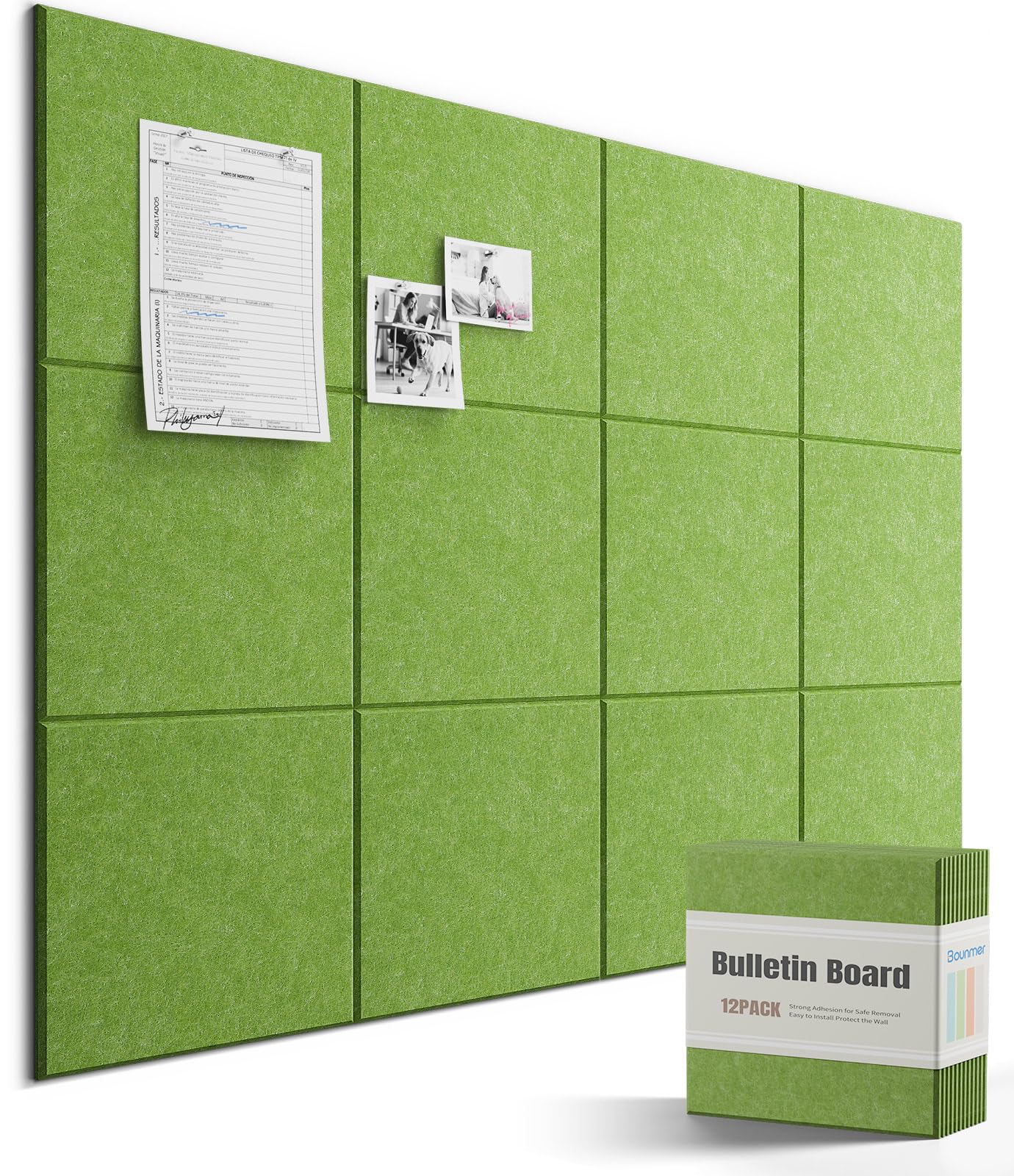 Bounmer Large Bulletin Board 48" x 36" - 12 Pack Felt Wall Tiles with 60 Pcs Safe Removable Adhesive Tabs & 30 Pcs Pushpins, Cork Board for Office, School (Green)