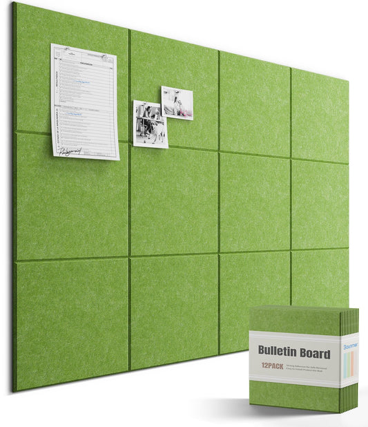 Bounmer Large Bulletin Board 48" x 36" - 12 Pack Felt Wall Tiles with 60 Pcs Safe Removable Adhesive Tabs & 30 Pcs Pushpins, Cork Board for Office, School (Green)