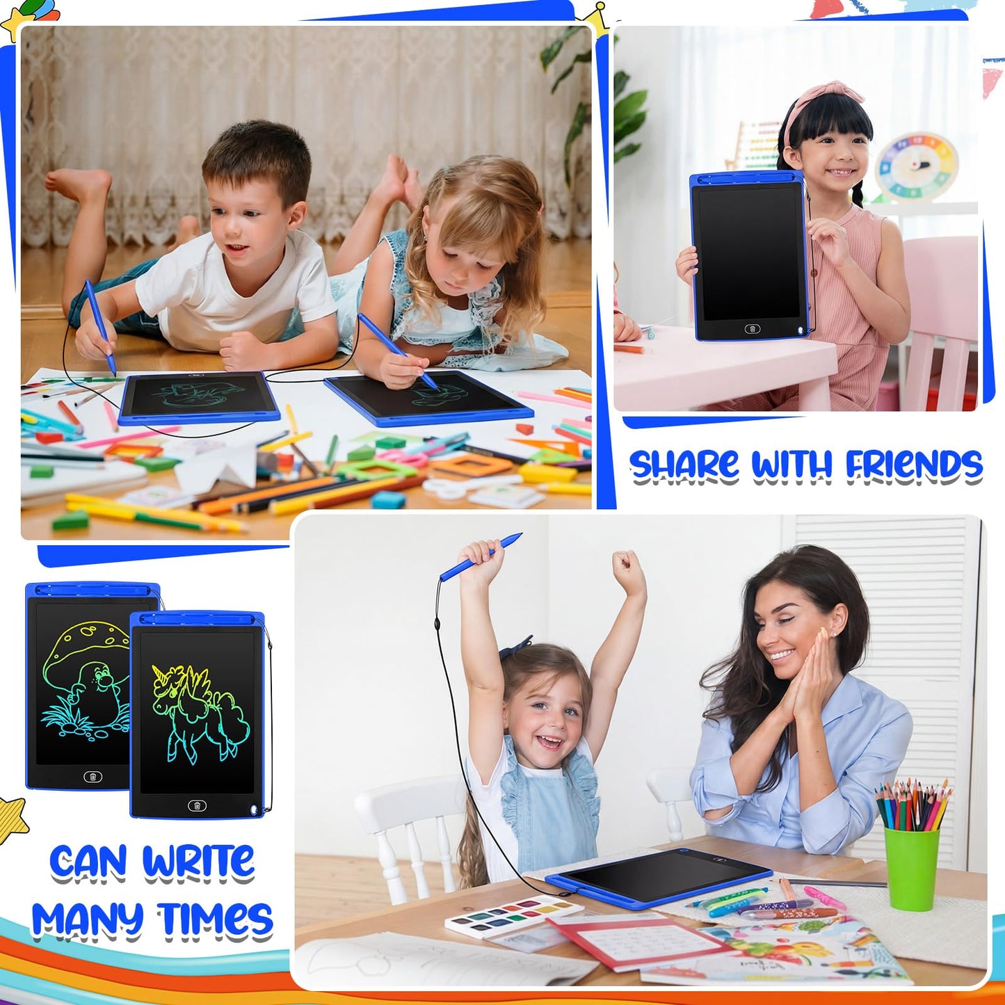 Zhehao 24 Pieces LCD Writing Tablet Doodle Board 8.5 Inch Colorful Reusable Screen Board Pad Reusable Drawing Writing Learning Educational Pad Toys for Girls Boys 8-10 3-10(Blue,Round Style)