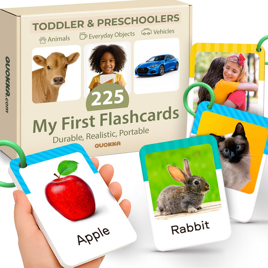 QUOKKA 225 Toddler Flash Cards with Rings – Realistic Learning Cards for Ages 1–3 – Alphabet, First Words, Animals etc – Portable Montessori Flashcards for Car Rides, Stroller Walks, Shopping &Travel
