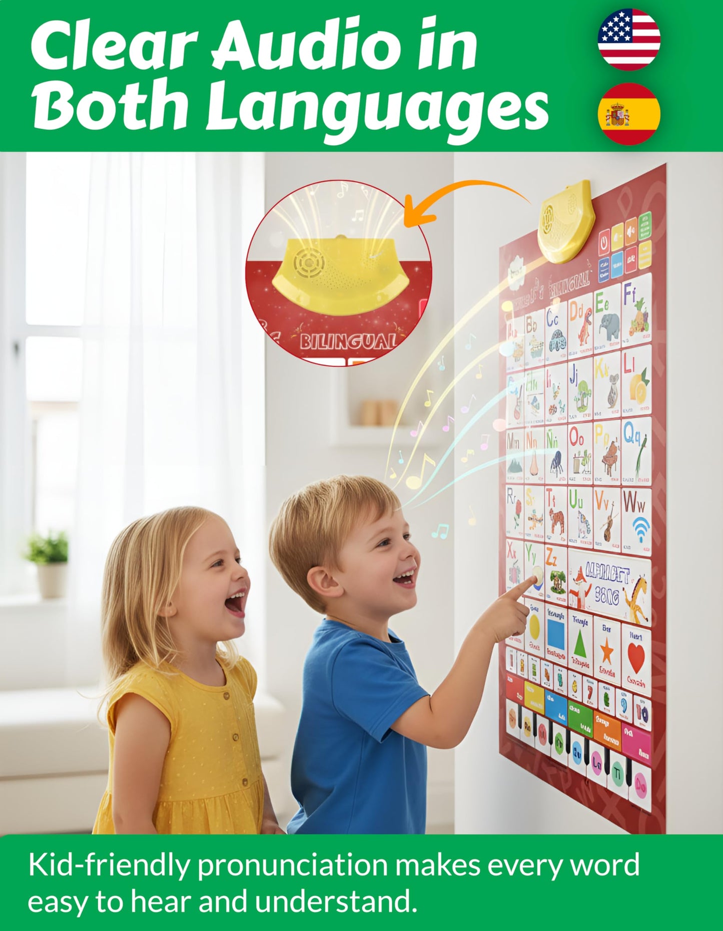 Bilingual English & Spanish Interactive Alphabet Wall Chart (2026 Model) – Talking ABC Letters, Numbers 123 & Music Learning Poster – Educational Toy for Toddlers & Kids Ages 3+