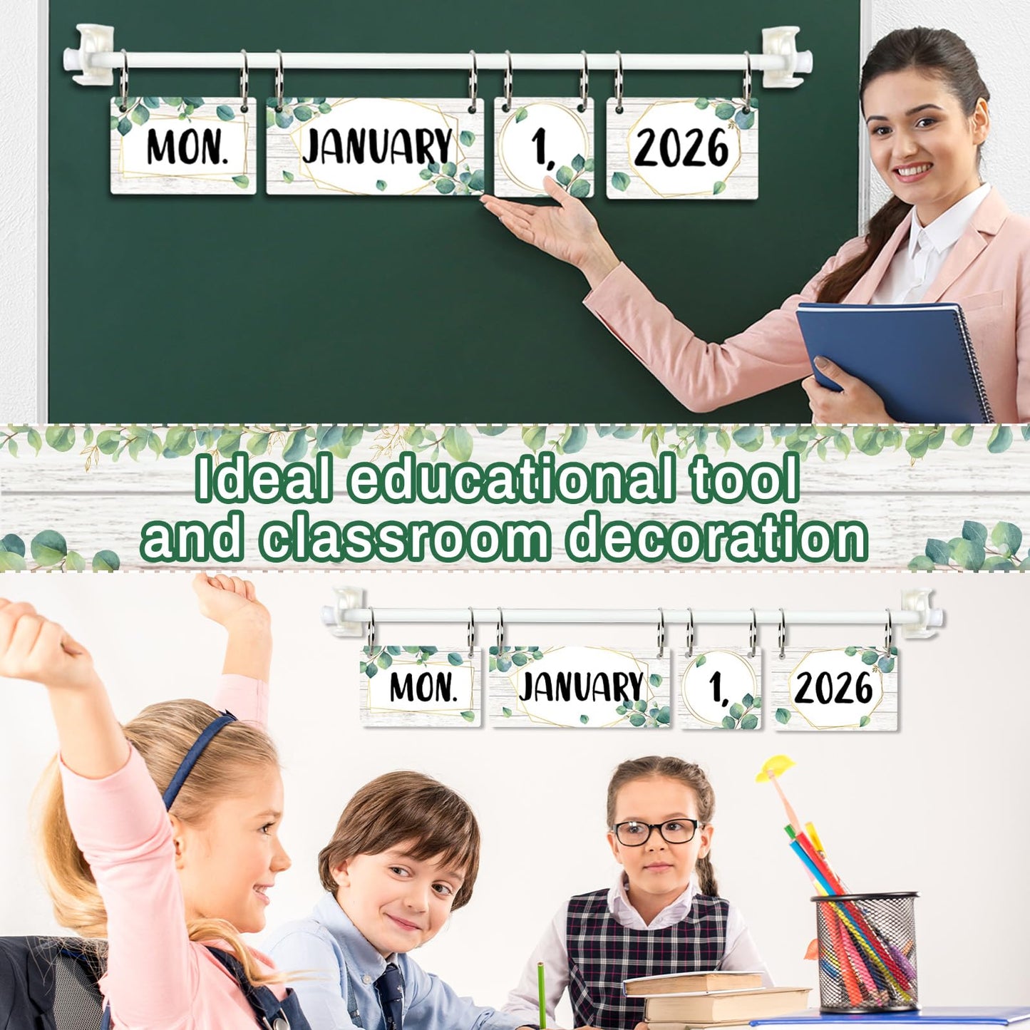 Eucalyptus Flip Calendar for Classroom Bulletin Board Set Greenery Calendar Class Whiteboard Decor with 2026 to 2030 Years Date Cards and Adjustable Rod for Home Elementary School Teacher Supplies