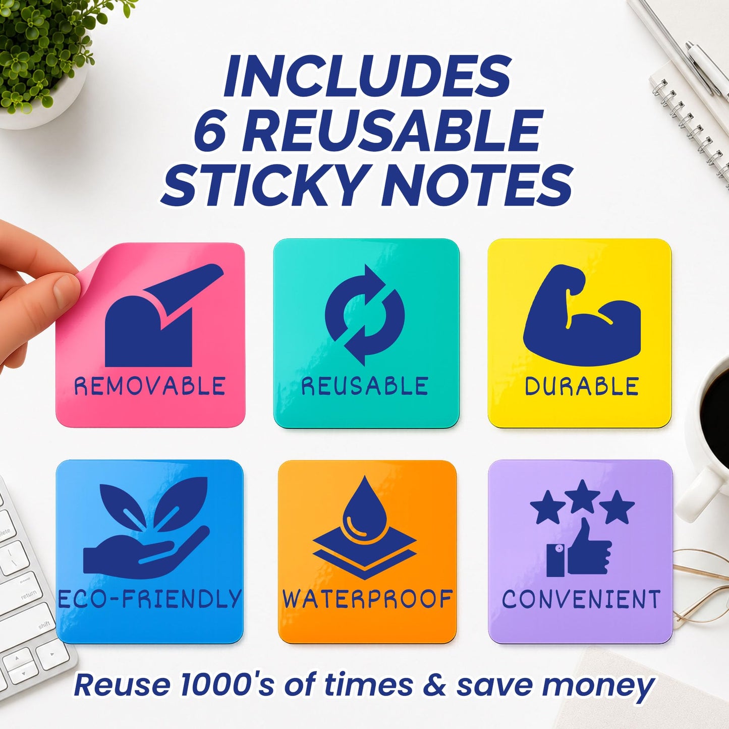 Dry Erase Sticky Notes, Reusable 6-Pack (4x4”) – Mini Whiteboard Stickers with 2 Magnetic Fine-Tip Markers – Removable, No Residue – for Fridge, Office, Classroom & Home