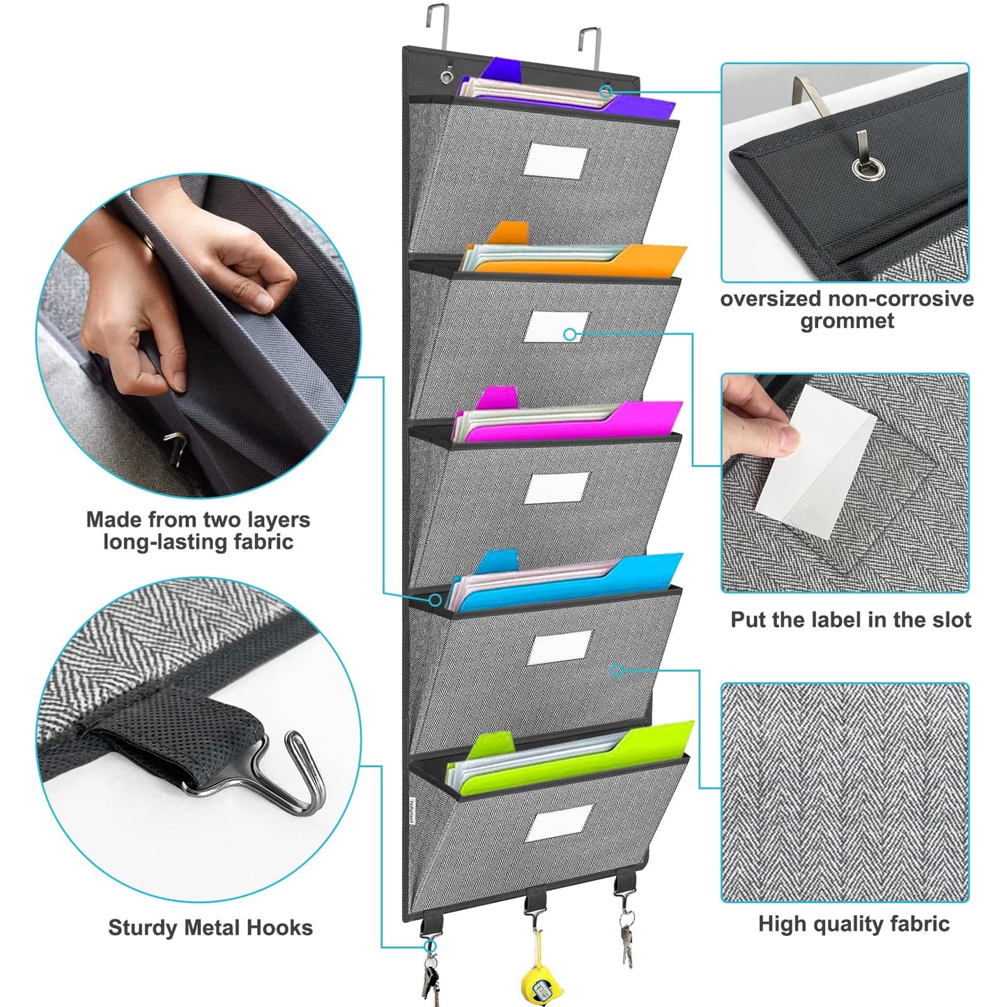 Over the Door File Organizer, Hanging File Folders, Wall Organizers and Storage for Mail, Magazine, Notebooks, Planners, Office, Classroom, 5 Extra Large Pockets, 50.39” Tall (Grey with Herringbone)