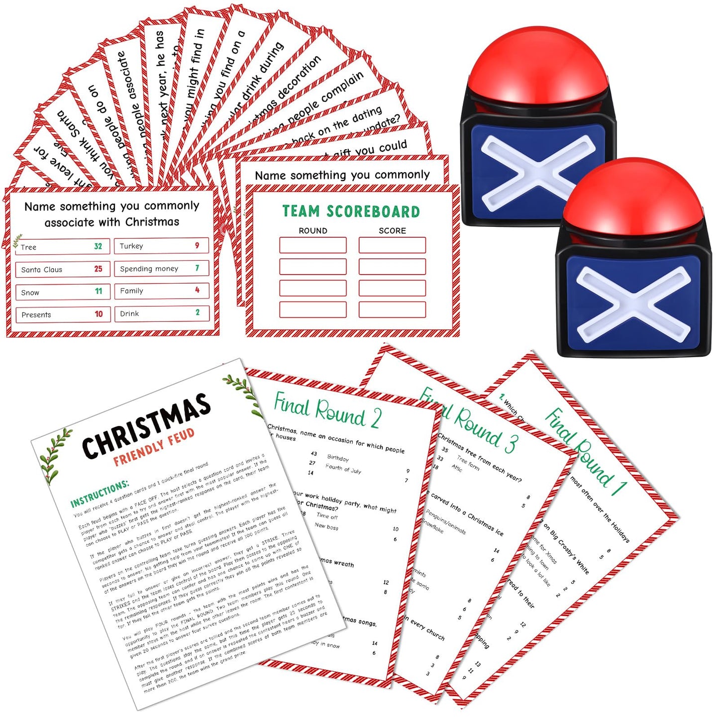 Syhood Christmas Friendly Feud Card Game with 2 Answer Buzzers, Fun Xmas Family Trivia Quiz Party Game Night Activities for Adults, Office, Large Group and Team Building