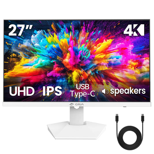 CRUA 27" 4K White Monitor, UHD(3840x2160P) IPS Panel, 60Hz Computer Monitor, Supports AMD Freesync, USB Type-C, 120% sRGB, Built-in Speakers, Wall Mountable, for Work, Streaming, and Home Office