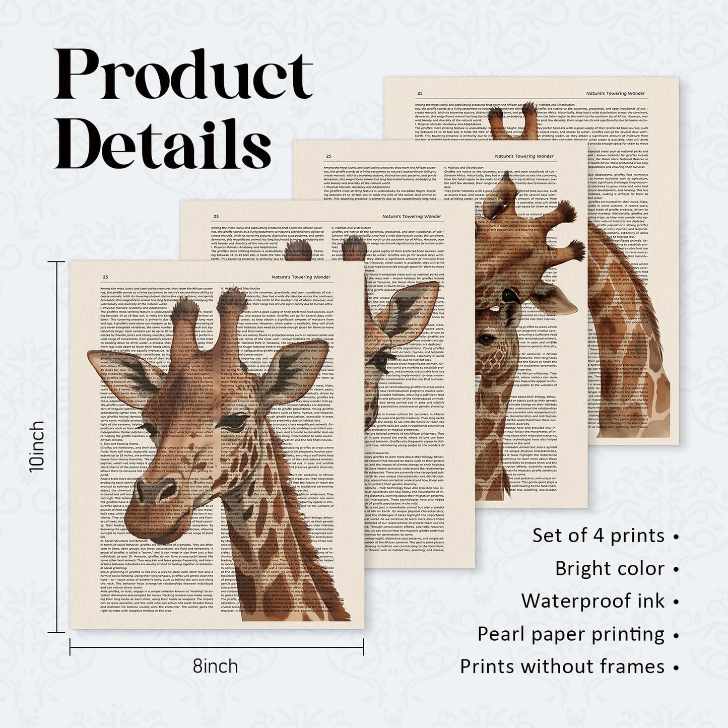 VONTP Retro Giraffe Wall Art Decor, Cute Giraffe Baby Dad Mom Wild Animal Family Prints Poster Wall Decorations for Nursery Kids Room Bedroom Dorm Bathroom, 8x10 Set of 4 (Unframed)