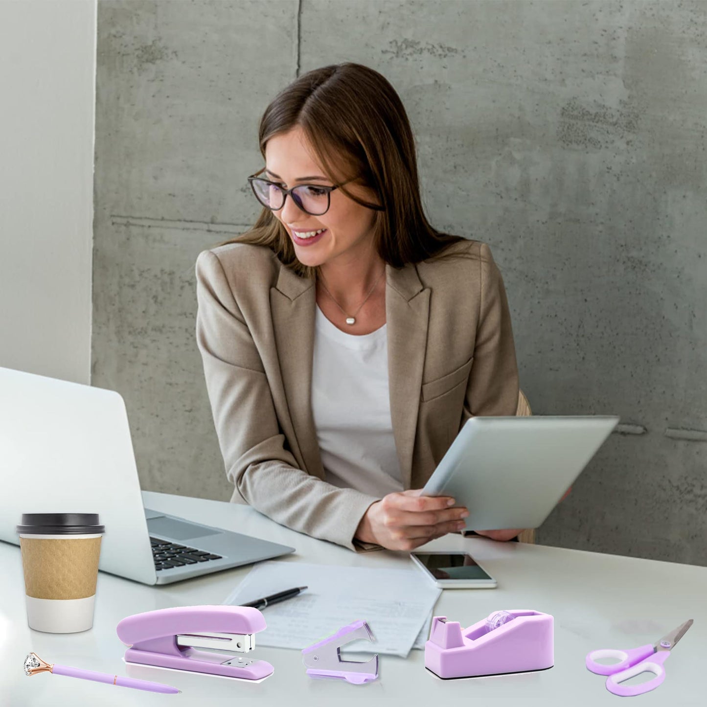 Purple Office Supplies, Purple Desk Accessories, Stapler, Staple Remover, Tape Holder, Pen Holder, Ballpoint Pen, Scissor, Binder Clips, 1000 Staples, Phone Holder, Ruler, Transparent Glue and Notes