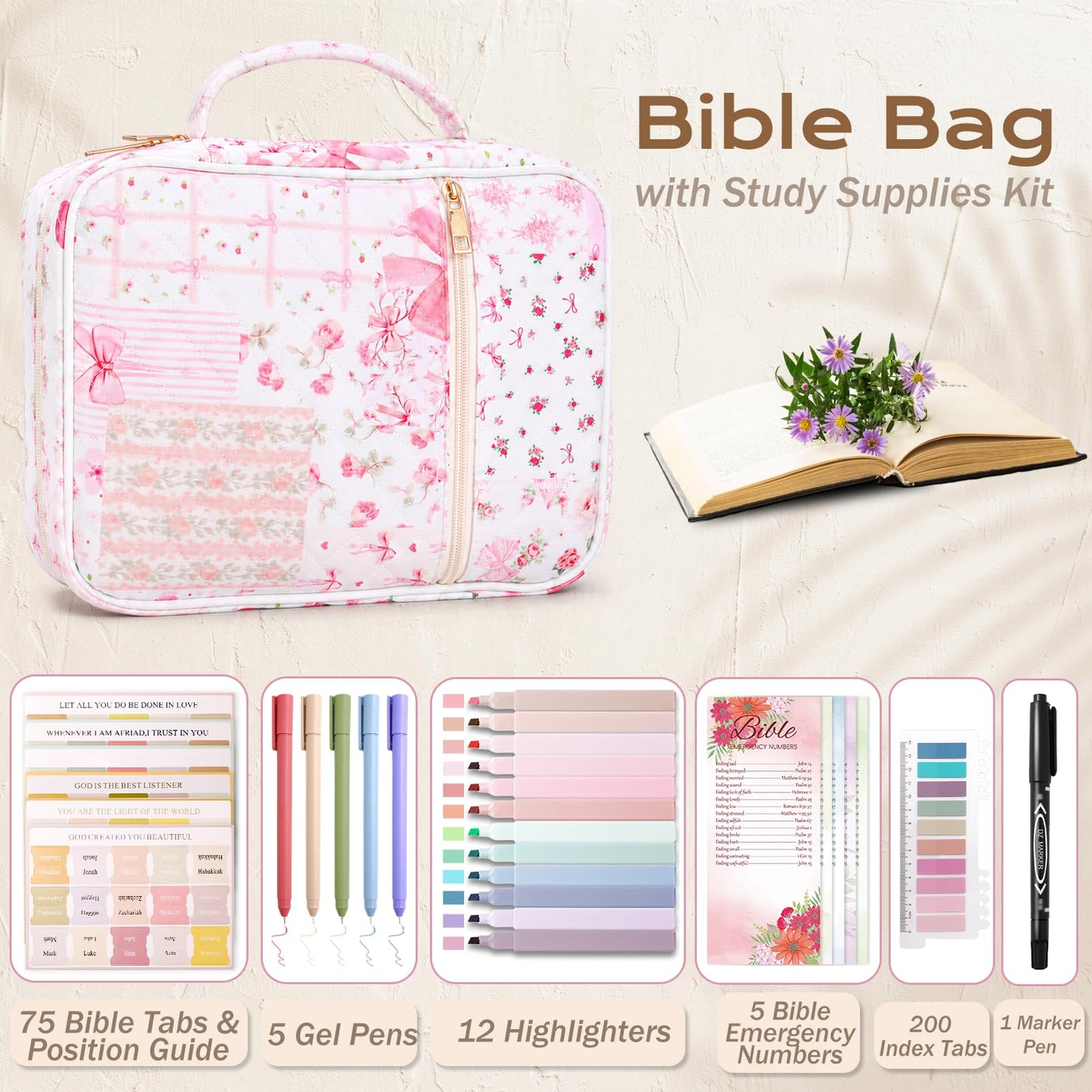 XKDOUS Bible Cover for Women Church Book Holder Quilted Carrying Case with Handle, Tabs, Study Supplies Portable Bible Bag Journaling Kit Christian Gifts for Mom Lady