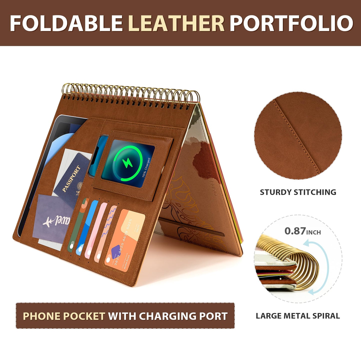Ospelelf Clipboard with Storage for Men Women, Leather Padfolio Portfolio Organizer 5 Folders with 10 Pockets, Spiral Clipboard Folio with Notepad for Letter Size, Elastic Closure and Pen Loop Brown