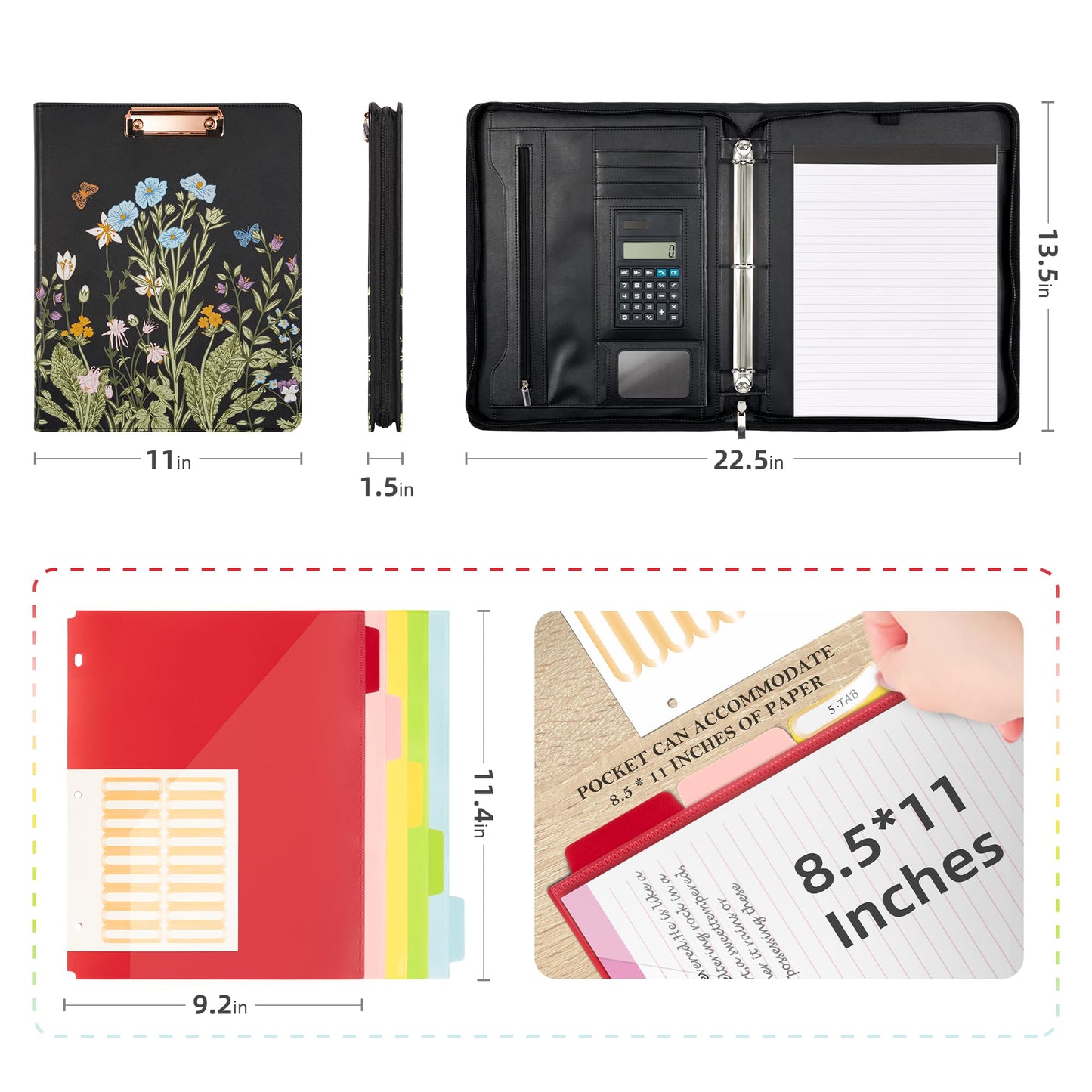 Ospelelf Leather Portfolio Folder with Zipper - 3 Ring Binder with Clipbard - Calculator, 12.1” Tablet Sleeve, 5 Dividers with 10 Pockets, Refillable Notepad, Card Holder (Bushes)