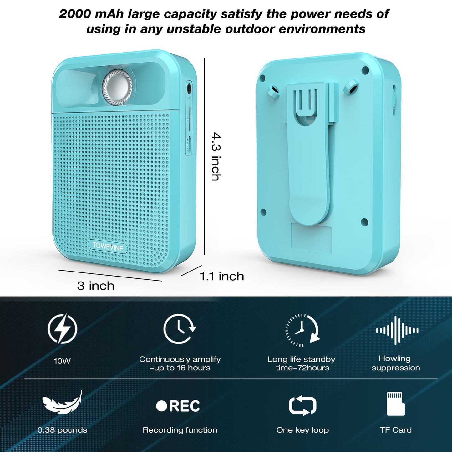 Voice Amplifier, Towevine Portable Rechargeable Microphone Speaker with Headset and Waistband for Teachers, Classroom, Singing, Coach, Training, Presentation, Tour Guide - Blue
