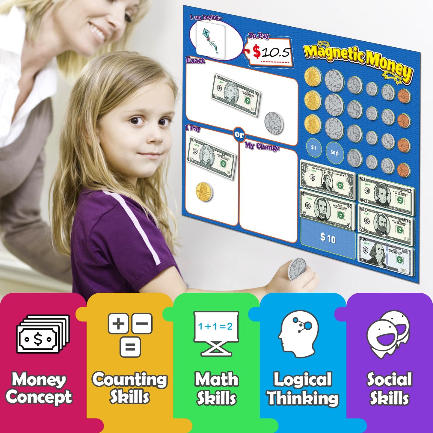 Kasfalci 73 PCS Magnetic Money for Kids for Learning, Math Manipulatives, Learning & Education Toys for Classroom, Pretend Play, Math Games for Toddler, Teacher and Homeschool Supplies
