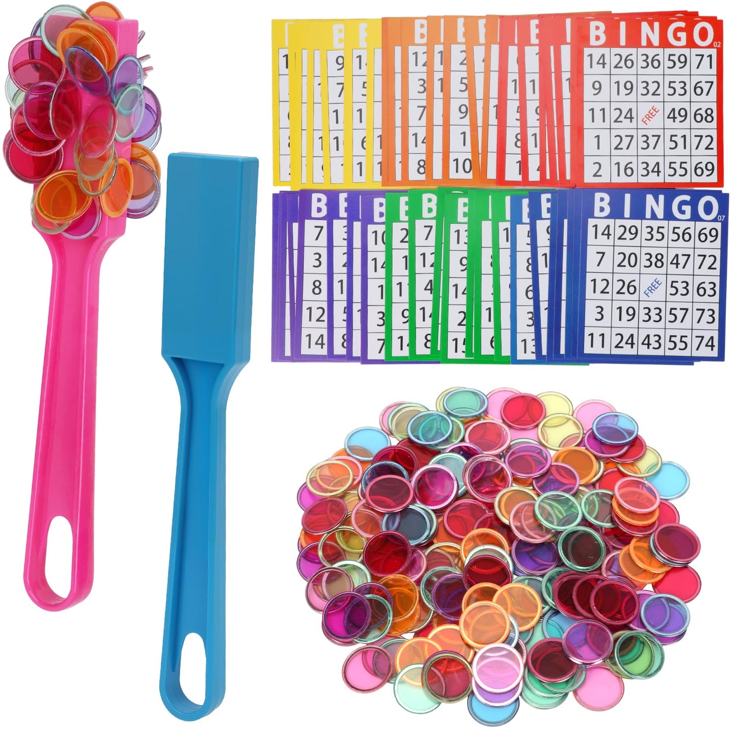 Coopay Magnetic Bingo Wand Chip and Game Card Set - 2 Pack Magnetic Wands, 200 Colorful Metal Chips, 48 Bingo Paper Cards for Kids Classroom Science Learning Counting Family Game Night Educational