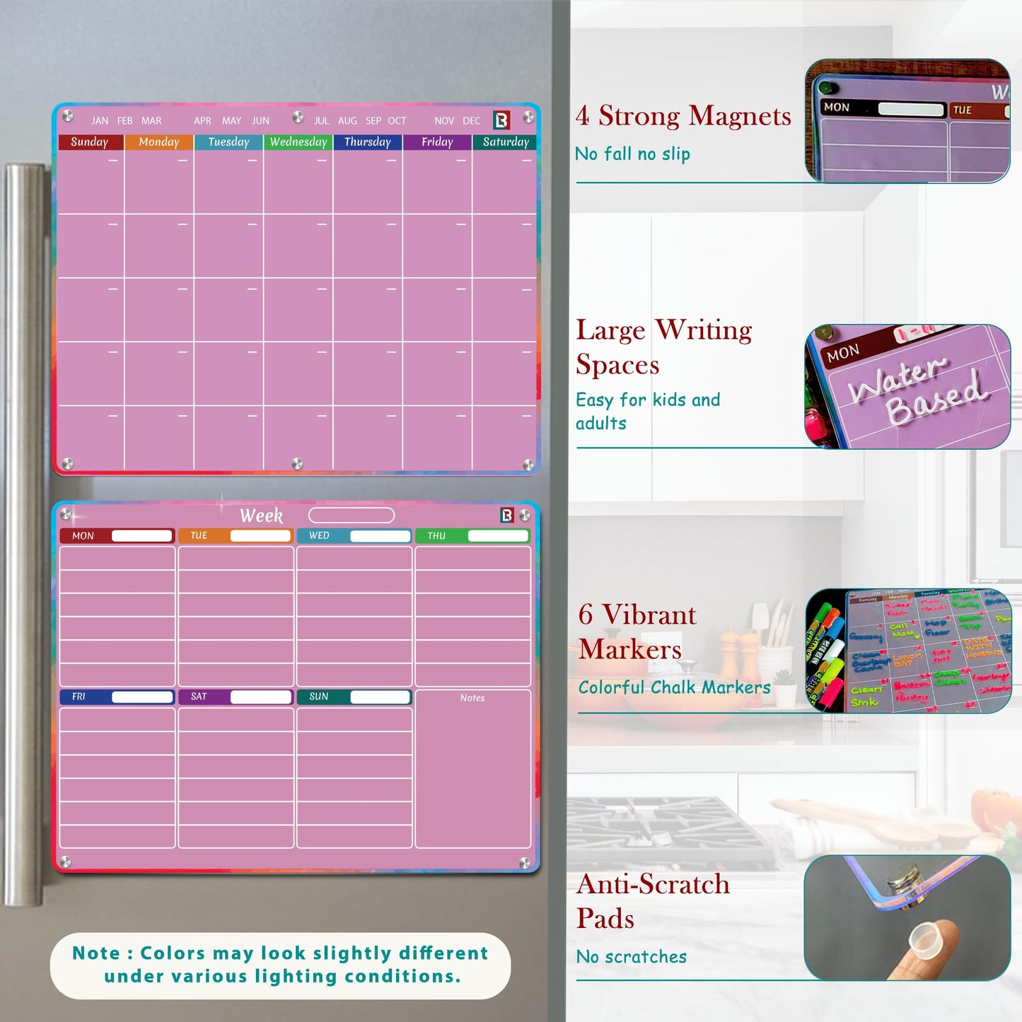 Pink Dry Erase Calendar for Fridge and Wall – Magnetic Acrylic Calendar 16x12 in, Dry Erase Board Reusable for Home or Office with 6 Liquid Chalk Markers | Pink Gifts for Women