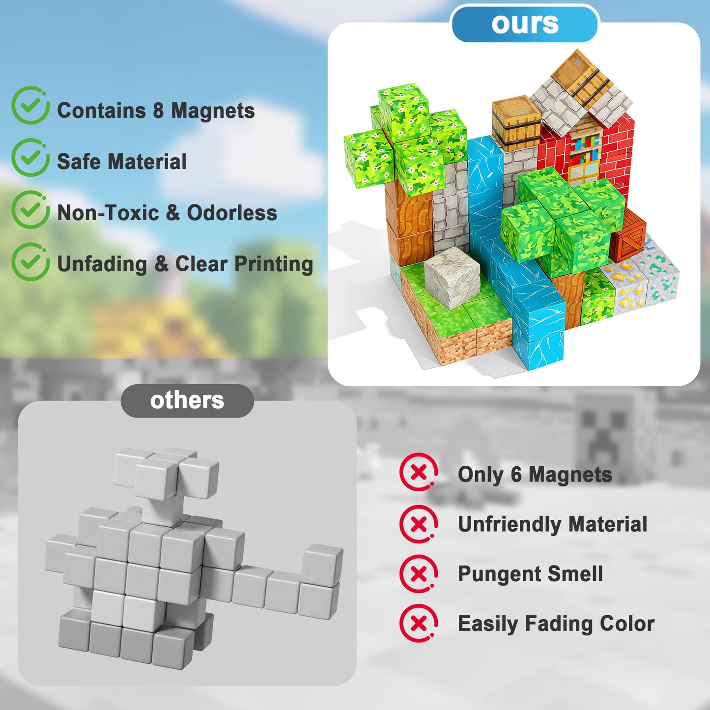 HitToys 200PCS Magnetic Blocks Building Blocks for Kids, Magnetic Tiles Build World Set, Magnetic Cubes Toys Games Christmas Birthday Gifts for Boys Girls Ages 4 5 6 7 8 10