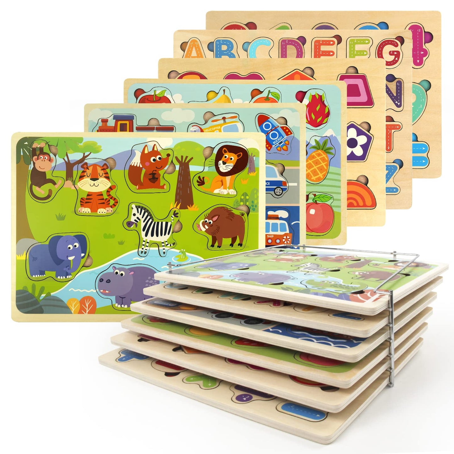 Wooden Puzzles for Toddlers with Storage Rack, WOOD CITY Toddler Puzzles Ages 3-6 for Kids, Learning Preschool Wood Puzzle for Boys and Girls-6 Pack Alphabet Number Shape Fruit Animal Vehicle