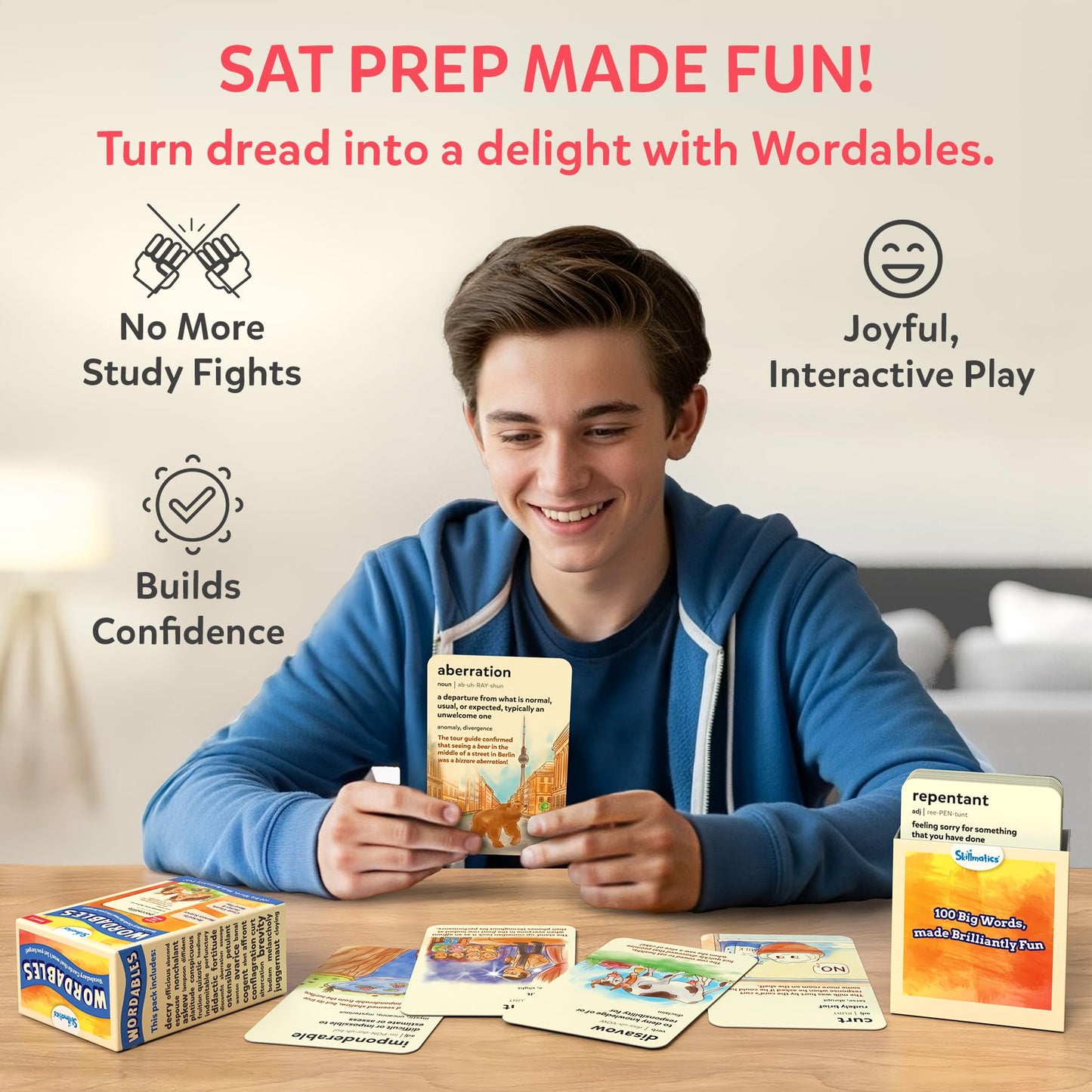 Skillmatics Vocabulary Flash Cards for SAT Prep – Learn 100 Words with Wordplay, Visuals & Soundplay, Study Aid & Educational Gift for Ages 12, 13, 14 & Up, Screen-Free Language Game