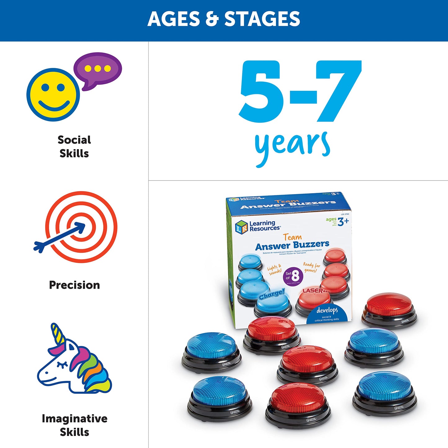 Learning Resources Team Answer Buzzers - Classroom Must Haves Supplies, Sound Effect Button, Family Game Shows for Trivia, Participation Tools, Boys and Girls Birthday Gifts