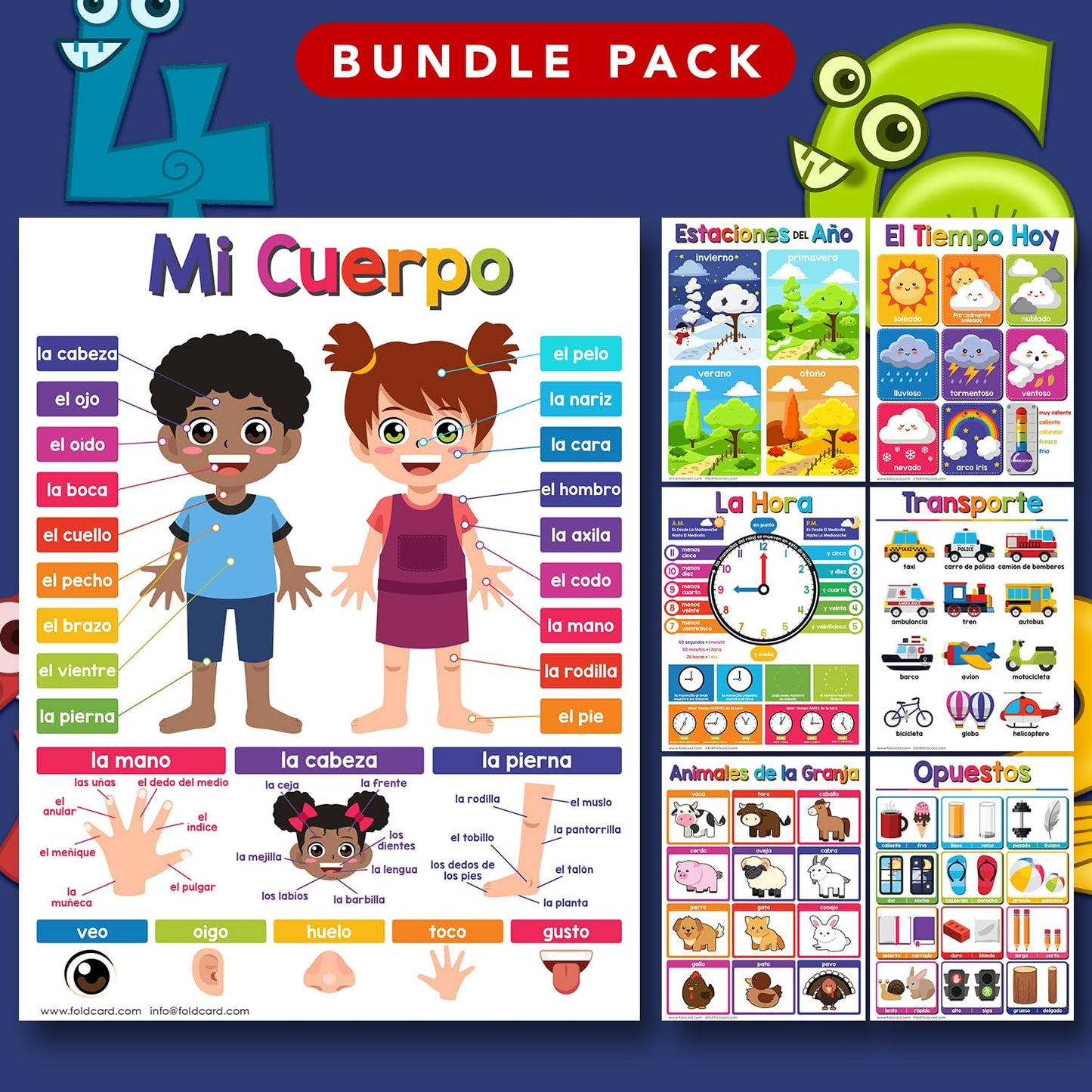 Spanish Educational Posters for Kids – Bundle of 14 Bilingual Classroom and Homeschool Learning Chart Decorations and School Materials, Preschool to Grade 3 | Durable, Glossy Cardstock | 8.5" x 11"