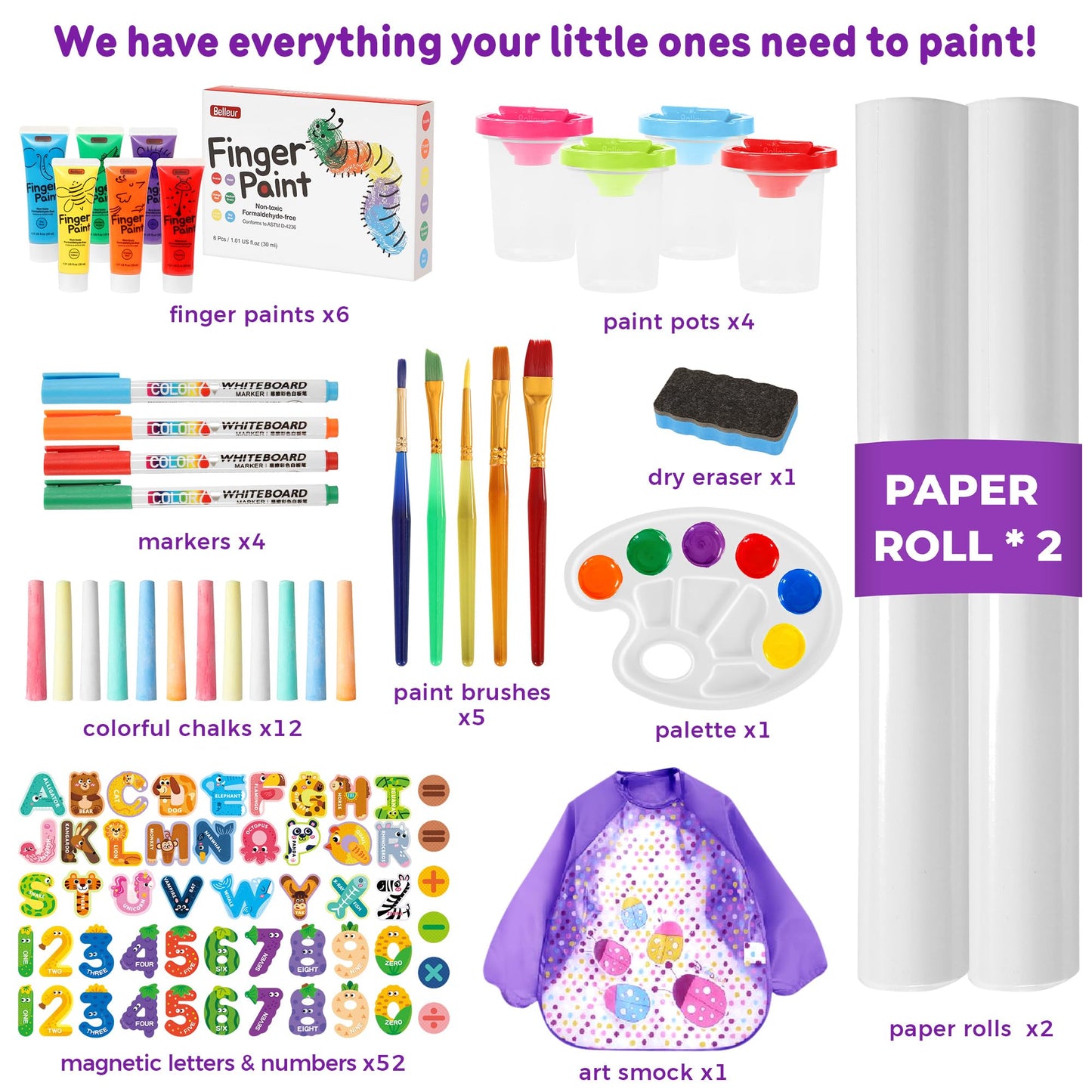 Belleur All-in-One Art Easel for Kids, Adjustable Double Sided Easel for Toddlers with Magnetic Whiteboard & Dry-Erase Chalk Board & Paper Roll, Child Painting Easel for Kid 2-8 Birthday Gift-Purple