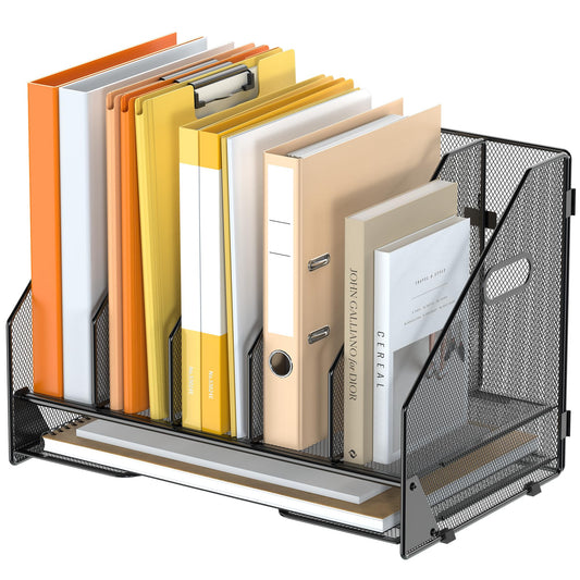 OrgMate Desk File Folder Holder Organizer-5 Vertical Compartments Racks and Paper Letter Tray,Mesh Magazine File Holder Sorter,Desktop Accessories & Workspace Organizers for Home,Office,School-Black