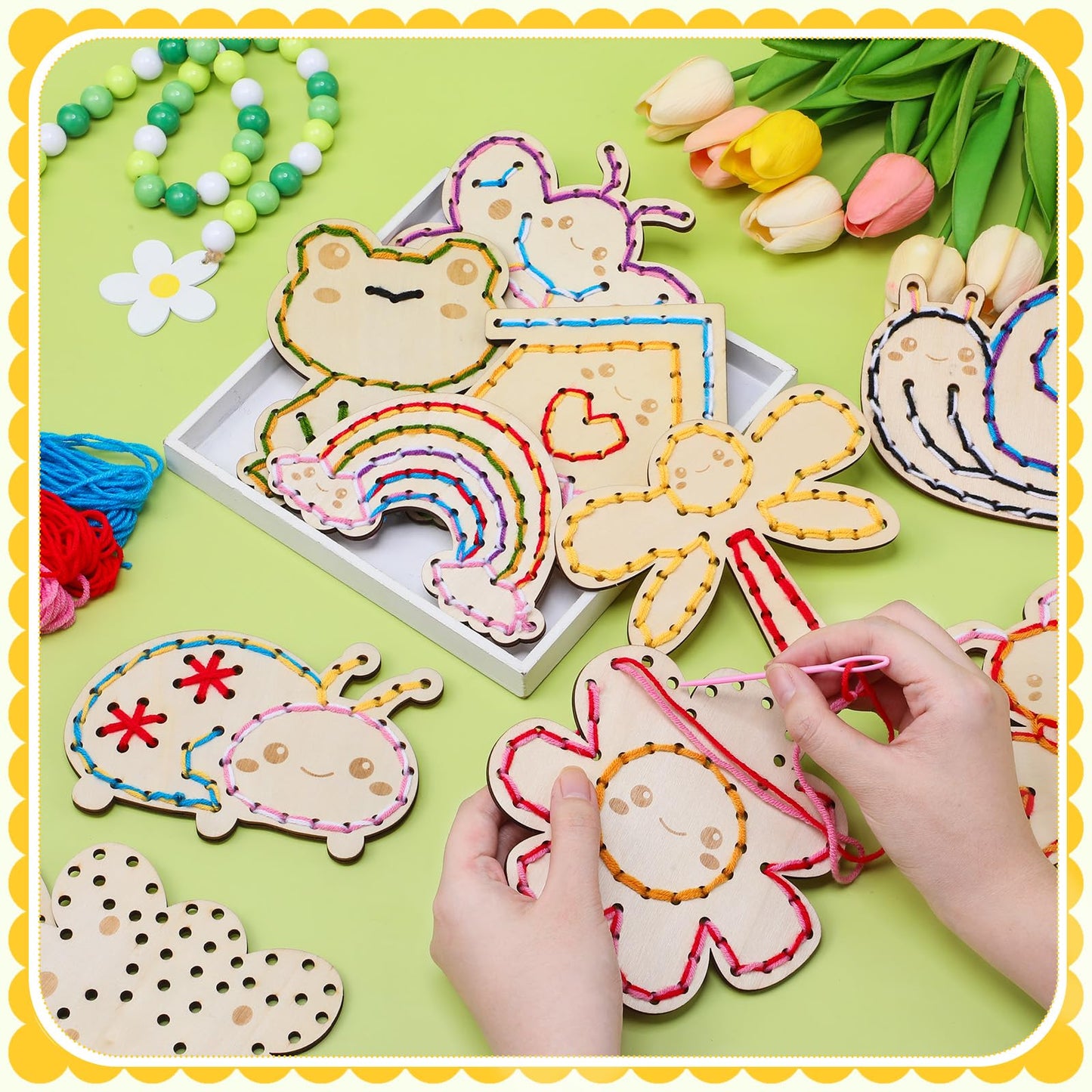 Capoda 18 Pcs Kids Lacing Cards Spring Educational Threading Toy for Kid Wooden Lacing Card Toys with Colorful Threads for Toddler Develop Imagination Early Education Learning Activity(Spring)