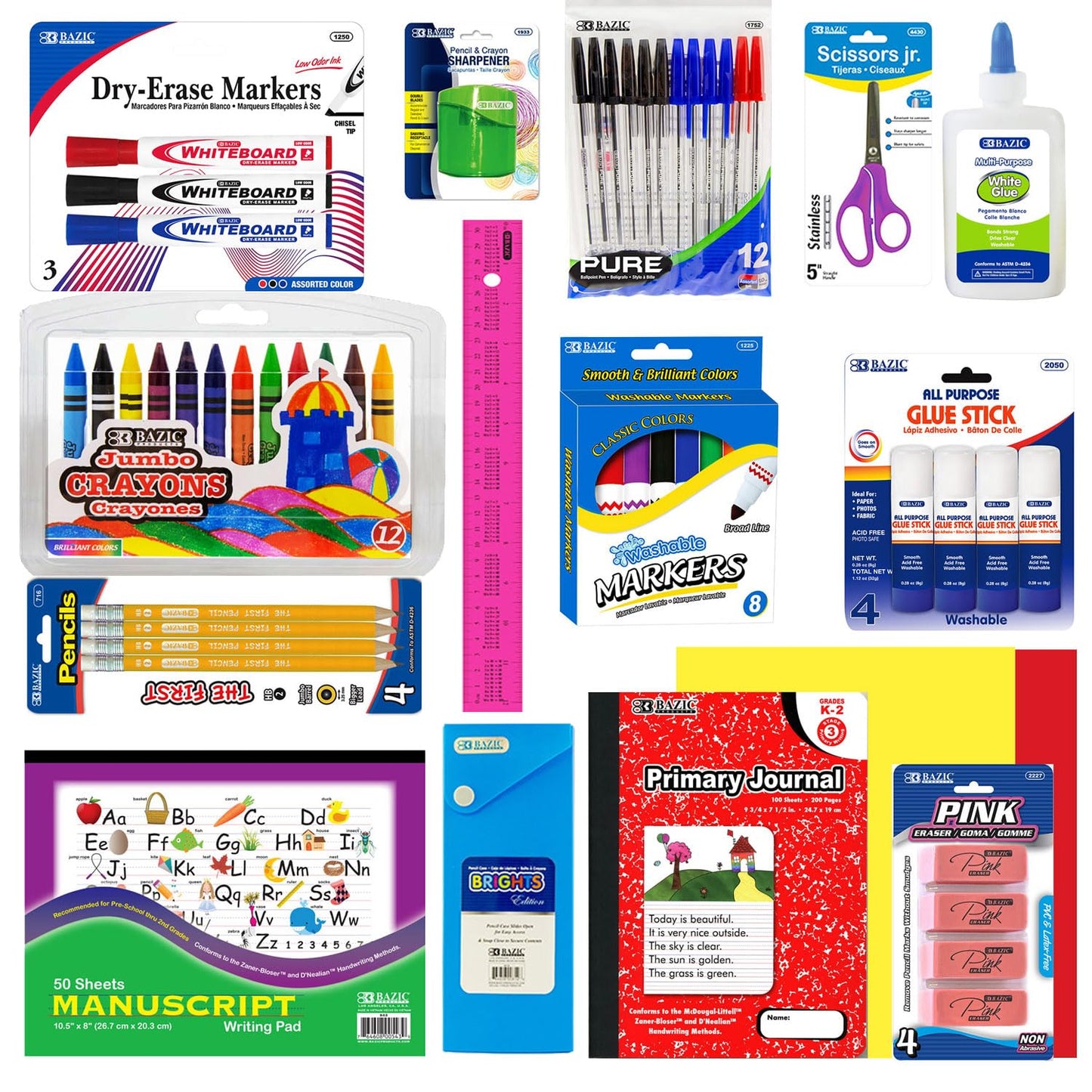 OMURA Learning Primary School Supplies Kit (K–2) – 56-Count Back-to-School Supply Box for Students | Composition Book, Ruler & Early Learning Essentials for Kindergarten School Supplies Color may Vary