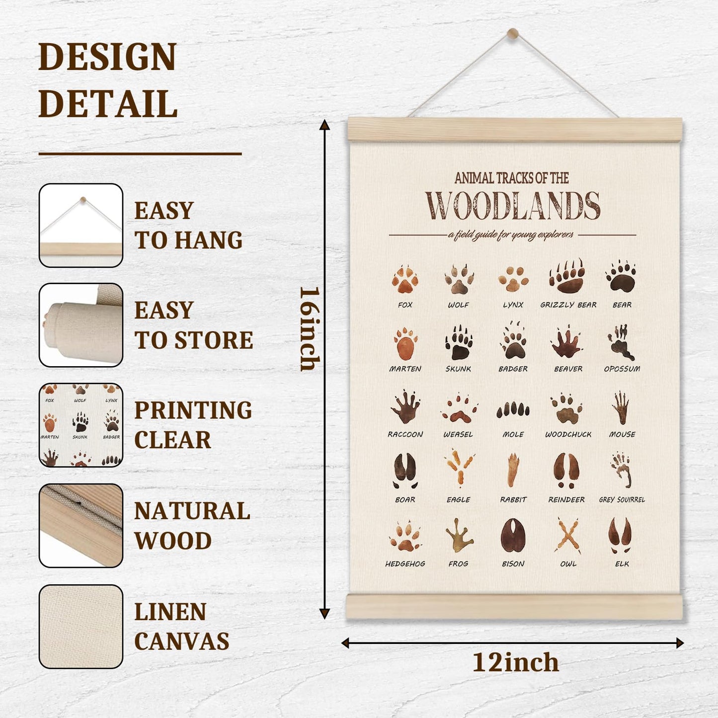 DOI-LANEE Woodland Tracks Poster Hanger Frame, Canvas Artwork Woodland Nursery, Jungle Nursery Decor, Animal Tracks Field Guide Sign, Forest Wall Art, Boy Wall Decor