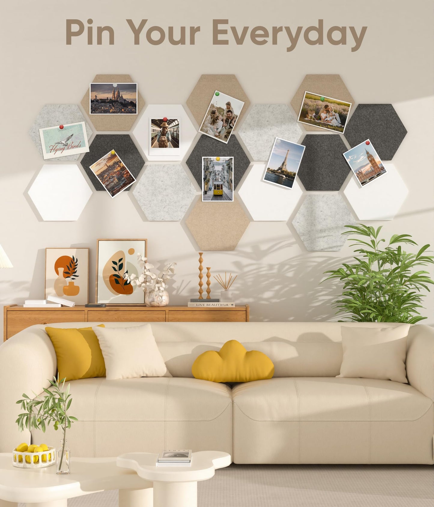 Toptople 12 Inch Large Hexagon Cork Board for Walls, 8 Pack Felt Bulletin Board Tiles, Pin Board with Push Pins for Office Photo and Note, Linen Stone