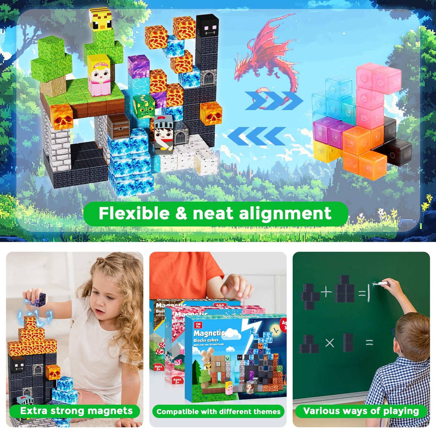 Magnetic Building Blocks - 150PCS Magnet Block Cubes Dark Hell Forest Castle, STEM Toy Building Sets for Kids Age 3+, Montessori Stacking Construction Toys for Easter Gift Boys Girls Age 4-8, 8-12