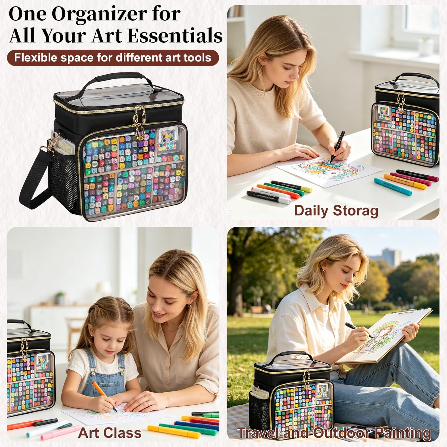 Wigojoy Large Marker Organizer Case for 200-300 Markers, Double-Layer Marker Bag with Removable Dividers, Marker Organizer for Markers, Pencils, Crayons or Other Art Supplies, Black (Bag Only)