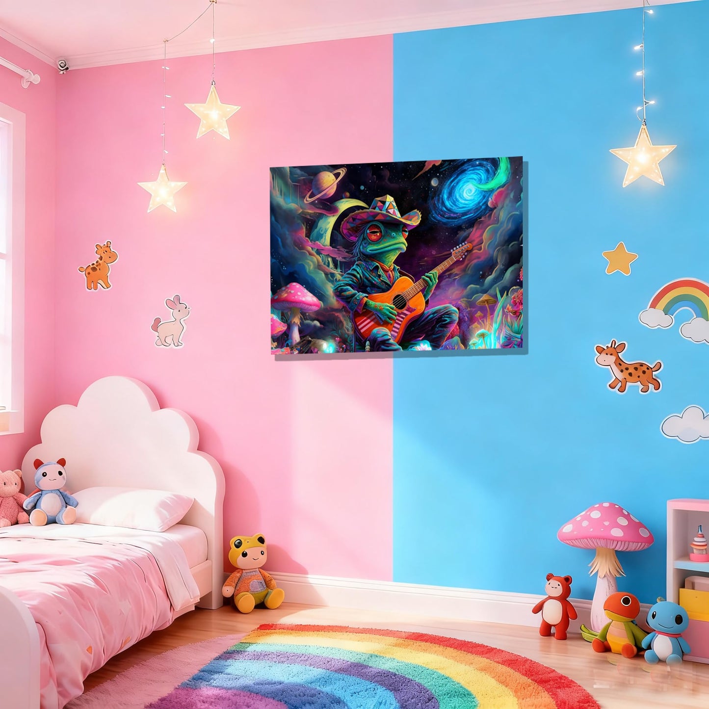 16x24 Psychedelic Space Frog Canvas Wall Art, Colorful Framed Cosmic Mushroom Guitar Player Kids Trippy Room Decor Teen Boys Bedroom Wall Posters Children Home Game Prints Gift Painting