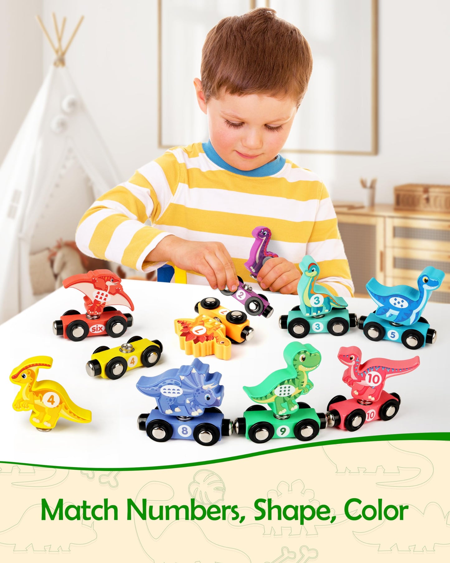 Vanmor Wooden Dinosaur Train Set for Toddlers - Magnetic Dinosaur Toys and Number Train, Montessori and Educational Toys Preschool Learning Activities for Kids, Birthday Gifts for Boys, Girls
