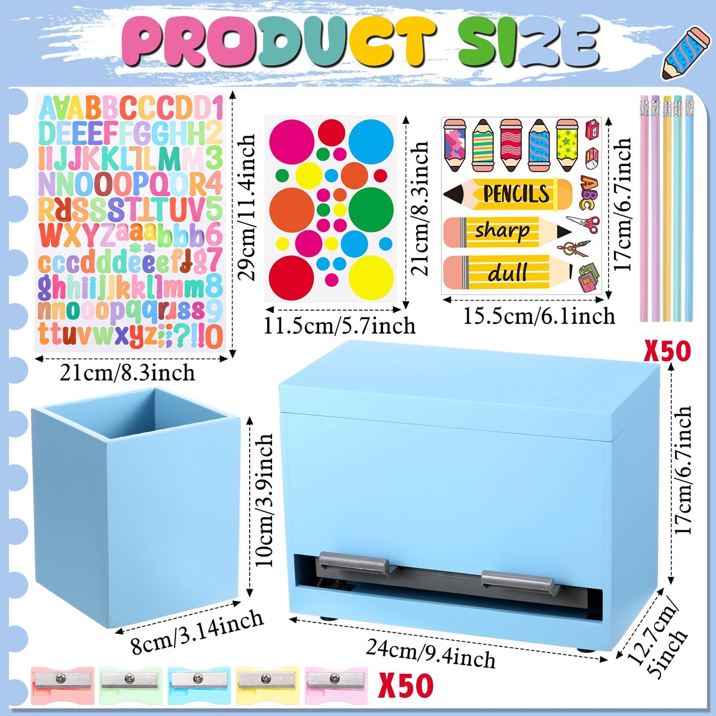 Watersay 108 Pcs Pencil Dispenser Kit for Classroom Wooden Sharp and Dull Pencil Holder 50 Pencils 50 Sharpener 6 Sticker Classroom Teacher Must Have Straw Dispenser for Back to School(Light Blue)