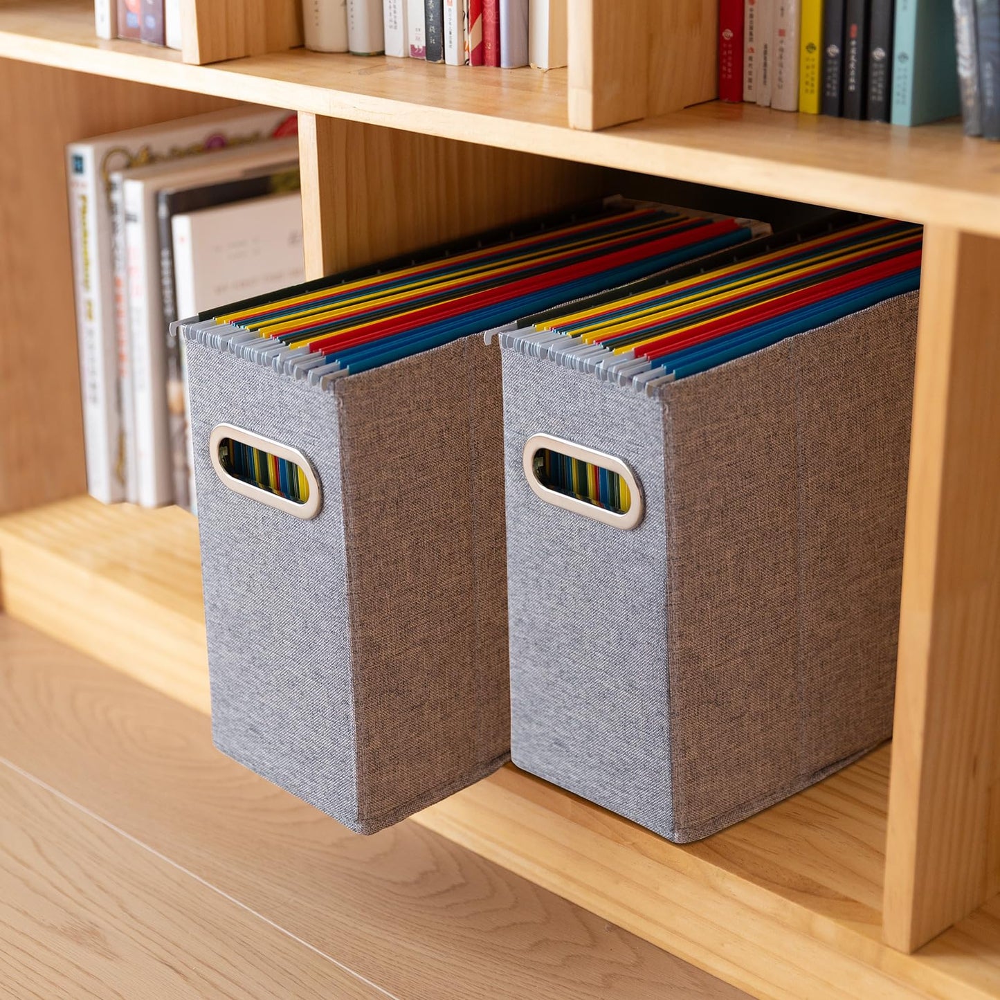 ComfortKeeper 4 Packs Letter Size File Organizer, File Folders Organizer, Fabric Storage Box, Collapsible Paper Organizer with Metal Handle, Smooth PVC Rails, Only Box (Gray)