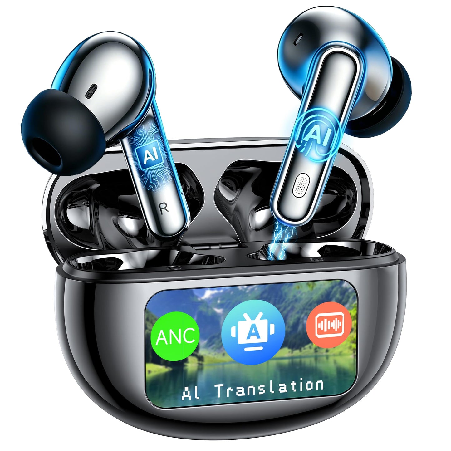AI Translation Earbuds Real Time,199 Language Translator Earbuds,Bluetooth 6.1 Audifonos Traductores Inglés Español,4 ANC Mic Translating Device,Translate Ear Buds for Travel Learning with LCD Touch