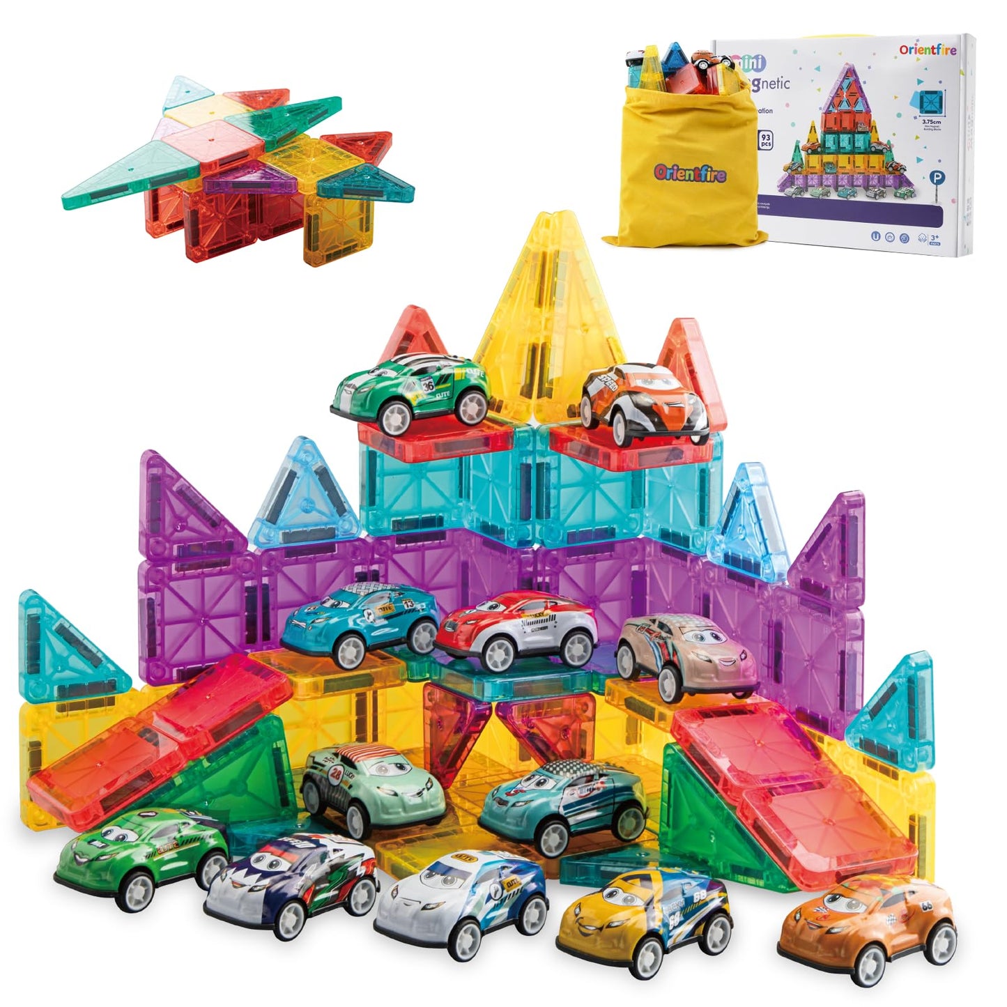 93 PCS Magnetic Tiles Mini Magnetic Building Tiles with Cars, Travel Magnetic Tiles with Storage Bag,STEM Toys for School Acitivities, Ideal Christmas Birthday Gifts for Boys Girls Age 3+ Years Old