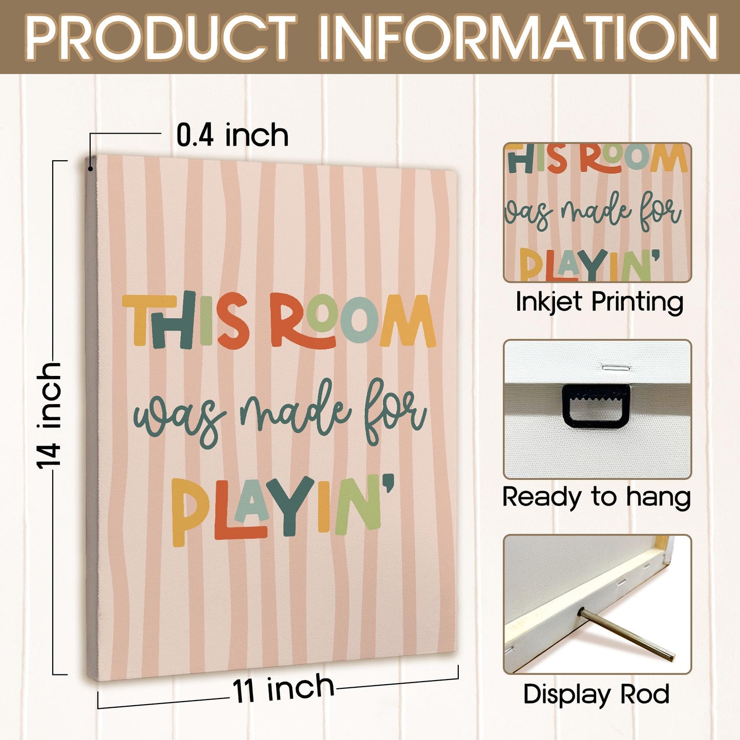 XINCEYWJ Boho Kids Playroom Wall Decor, This Room Was Made For Playin Canvas Art Prints Framed, Welcome Sign, Trendy Nursery Wall Art for Kids Girly Boys Toddler Room Dorm Bedroom, 11x14 In