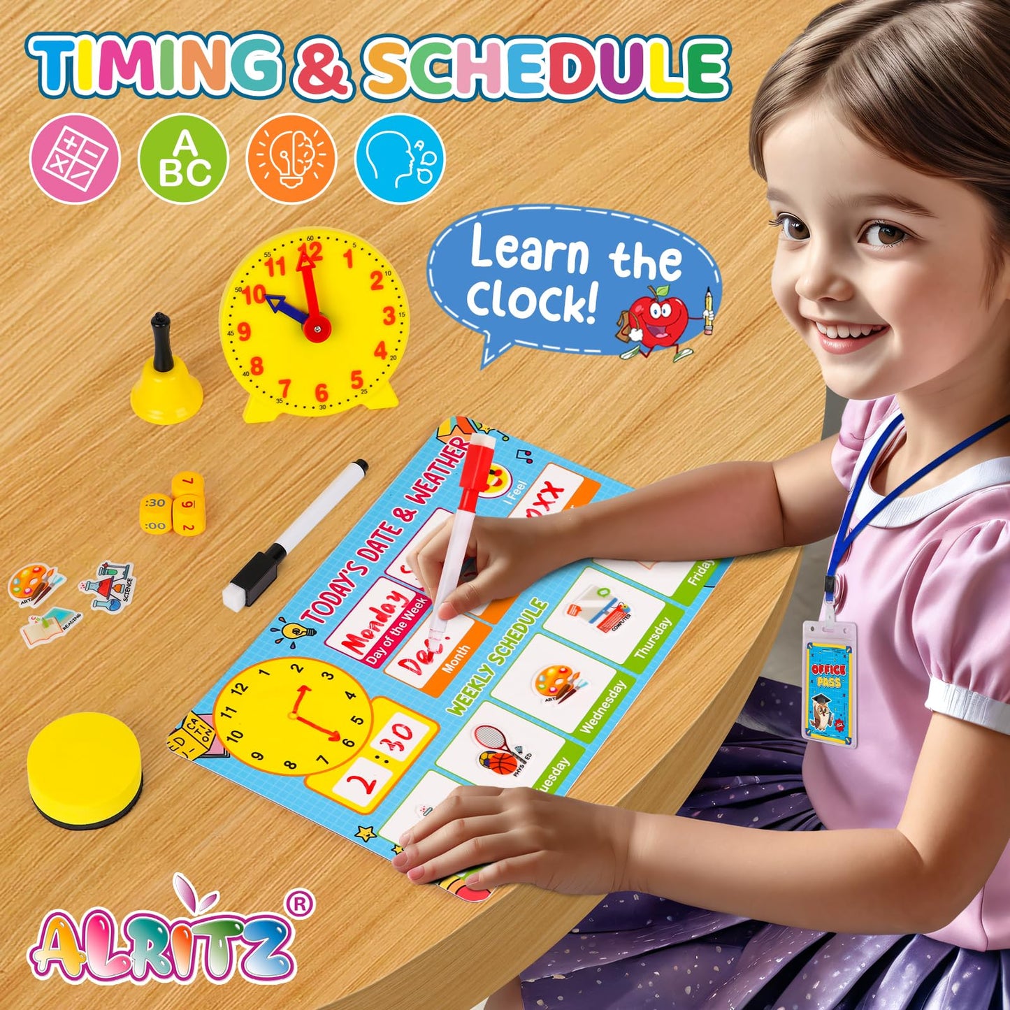Alritz Pretend Teacher Playset, Role Pretend Play Kids School Toys Kit Include Map, Calendar, White Board Boys Girls Toys, Birthday Gift for Ages 5 6 7 8 9 10 11 12 13+