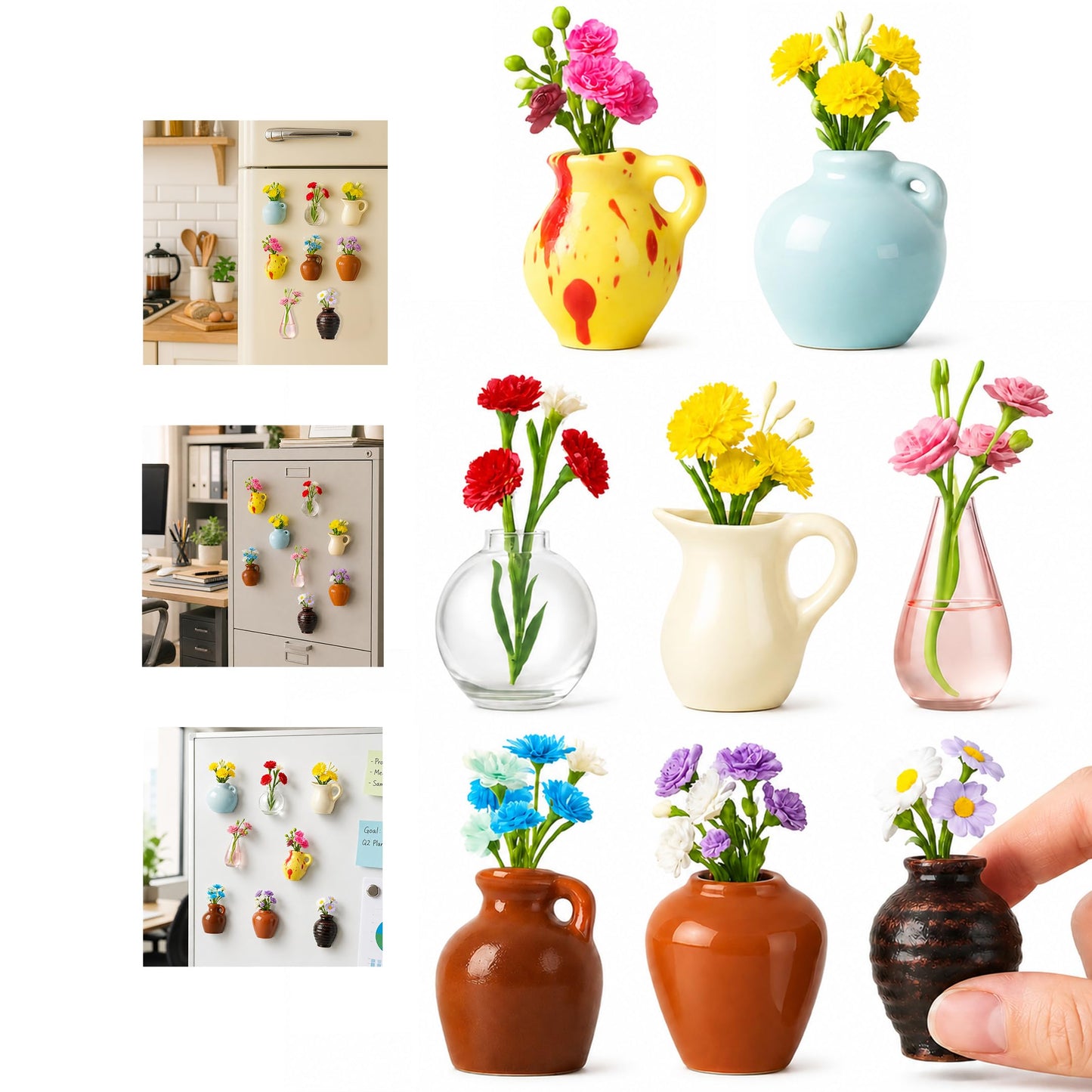 Mini Vase Magnets for Fridge - 8-Pack Cute Ceramic Pots with Artificial Flowers, Decor for Home,Office, White Board, Kitchen