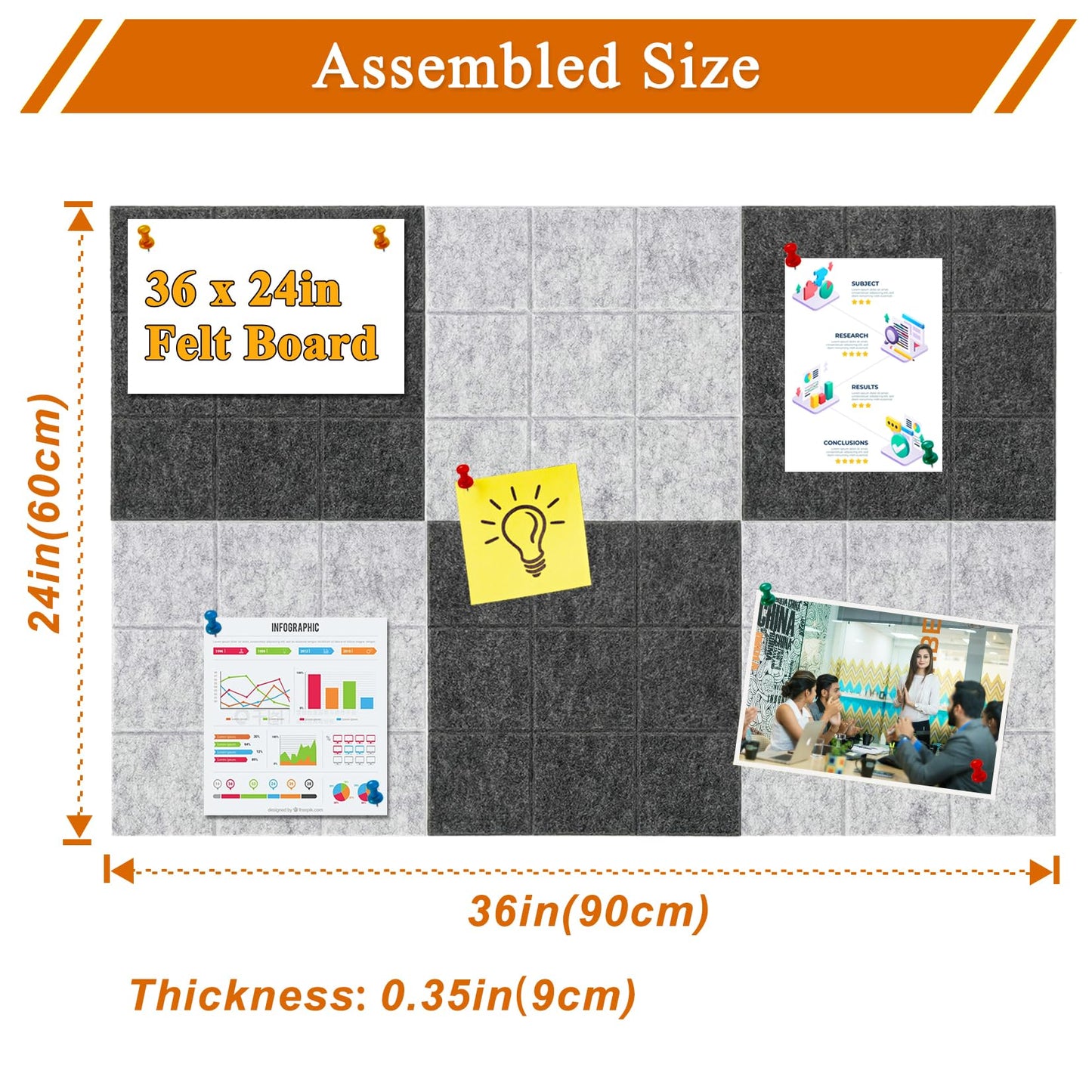 HULAVO Large Square Felt Cork Board Tiles, Self Adhesive DIY Felt Bulletin Board with 35 Pushpins for Office School Home Wall Decor Stickers Memos (Deep & Light Grey)