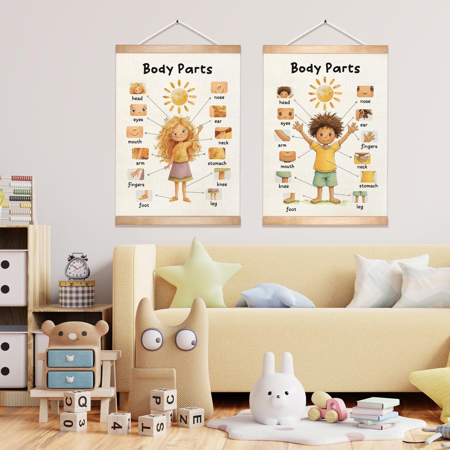 HEYJEEPER Body Parts Learning Posters Set of 2,Linen Educational Wall Art with Wood Hanger, Cute Girl & Boy Body Parts Charts for Toddlers Preschool Classroom Playroom Nursery Decor,18.5x14 Inch